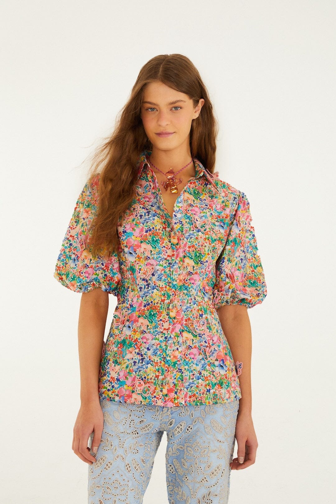 Off-White Peasant Floral Butterflies Blouse
