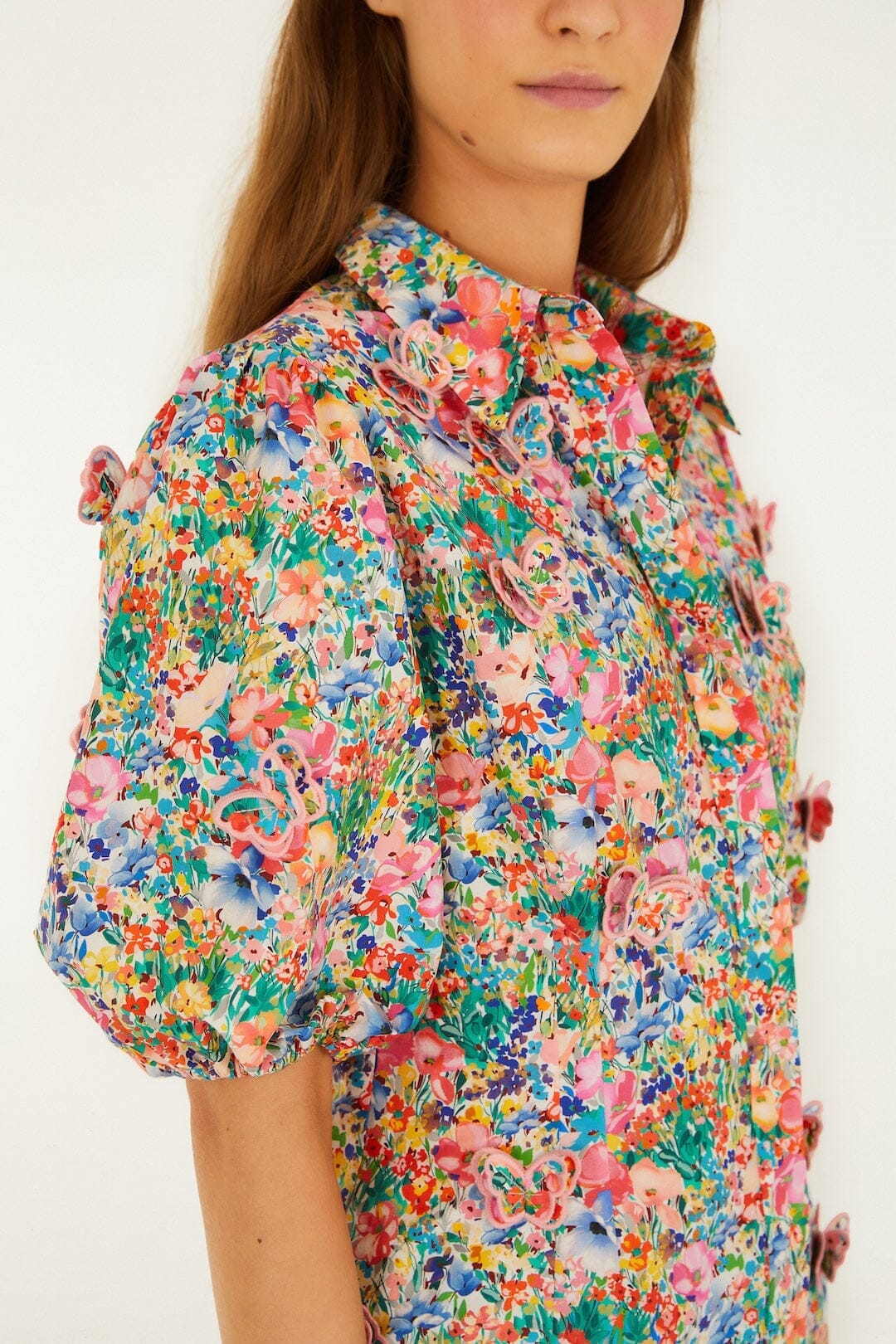Off-White Peasant Floral Butterflies Blouse