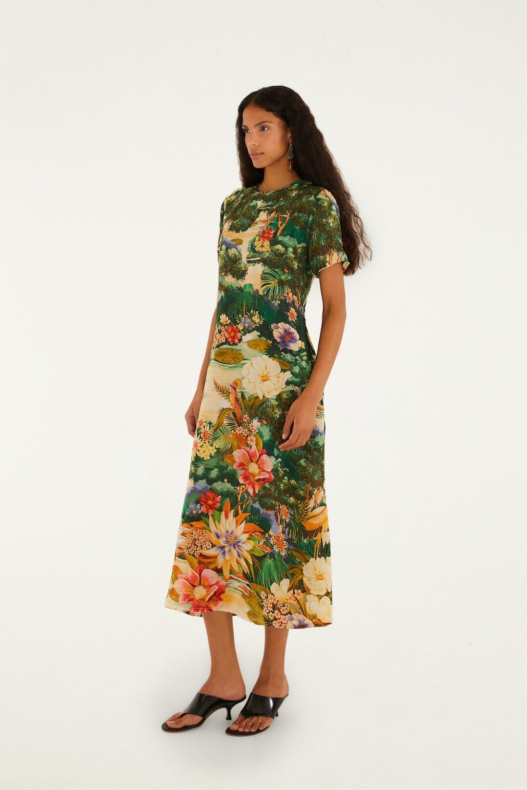 Multicolor Oriental Garden Short Sleeve Maxi Dress