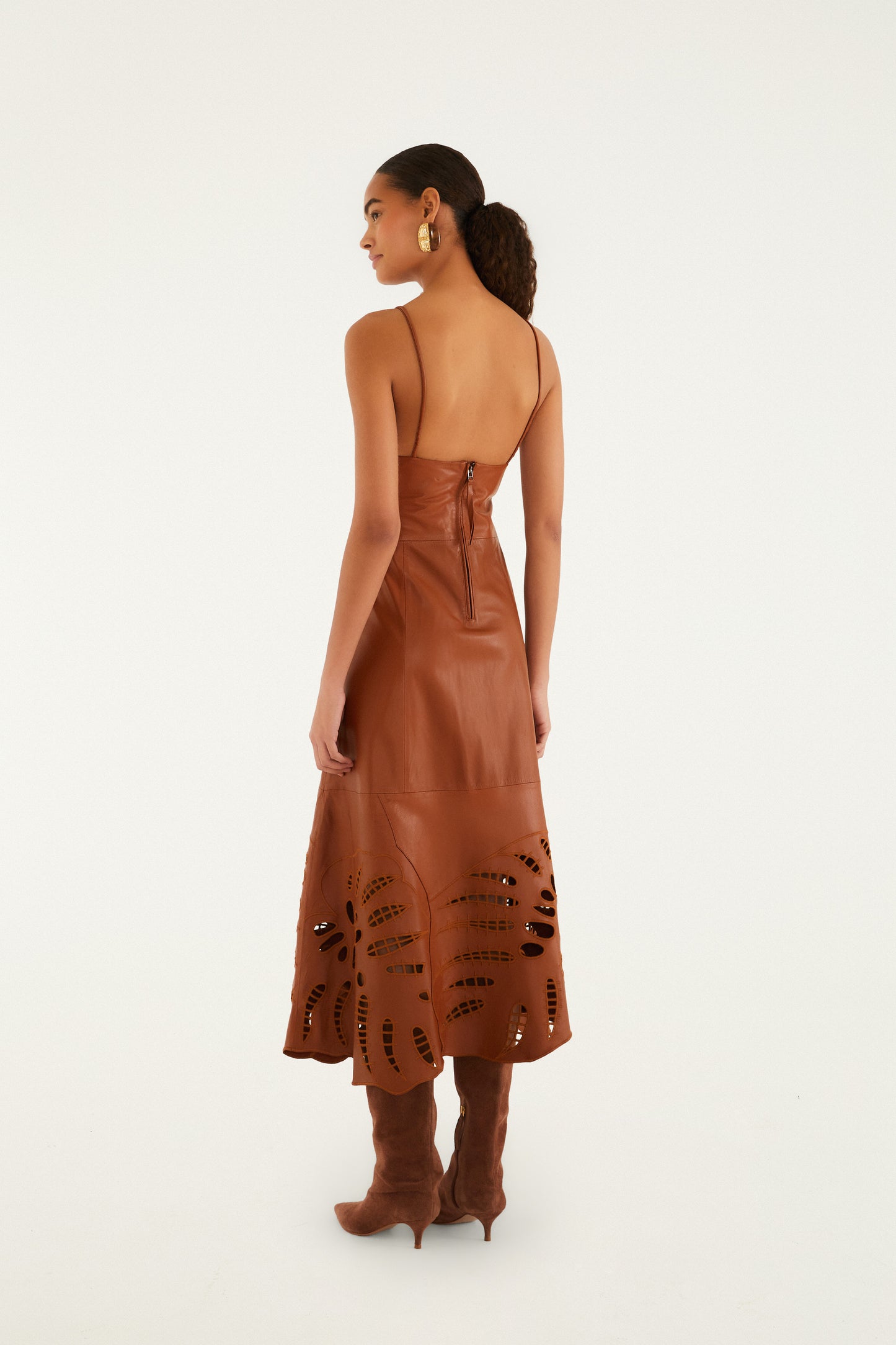 Brown Monstera Cutwork Leather Midi Dress