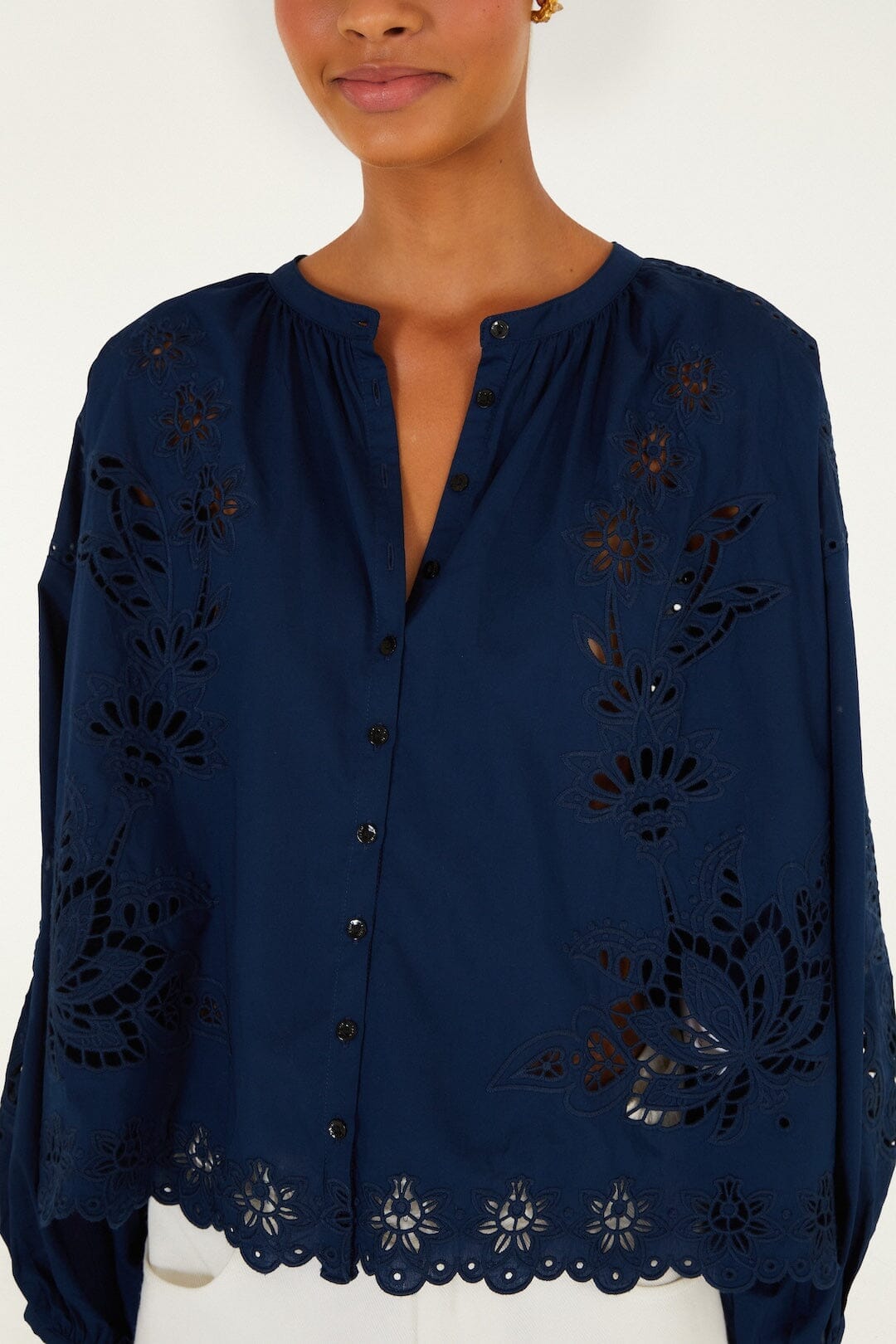 Navy Blue Artisanal Long Sleeve Blouse