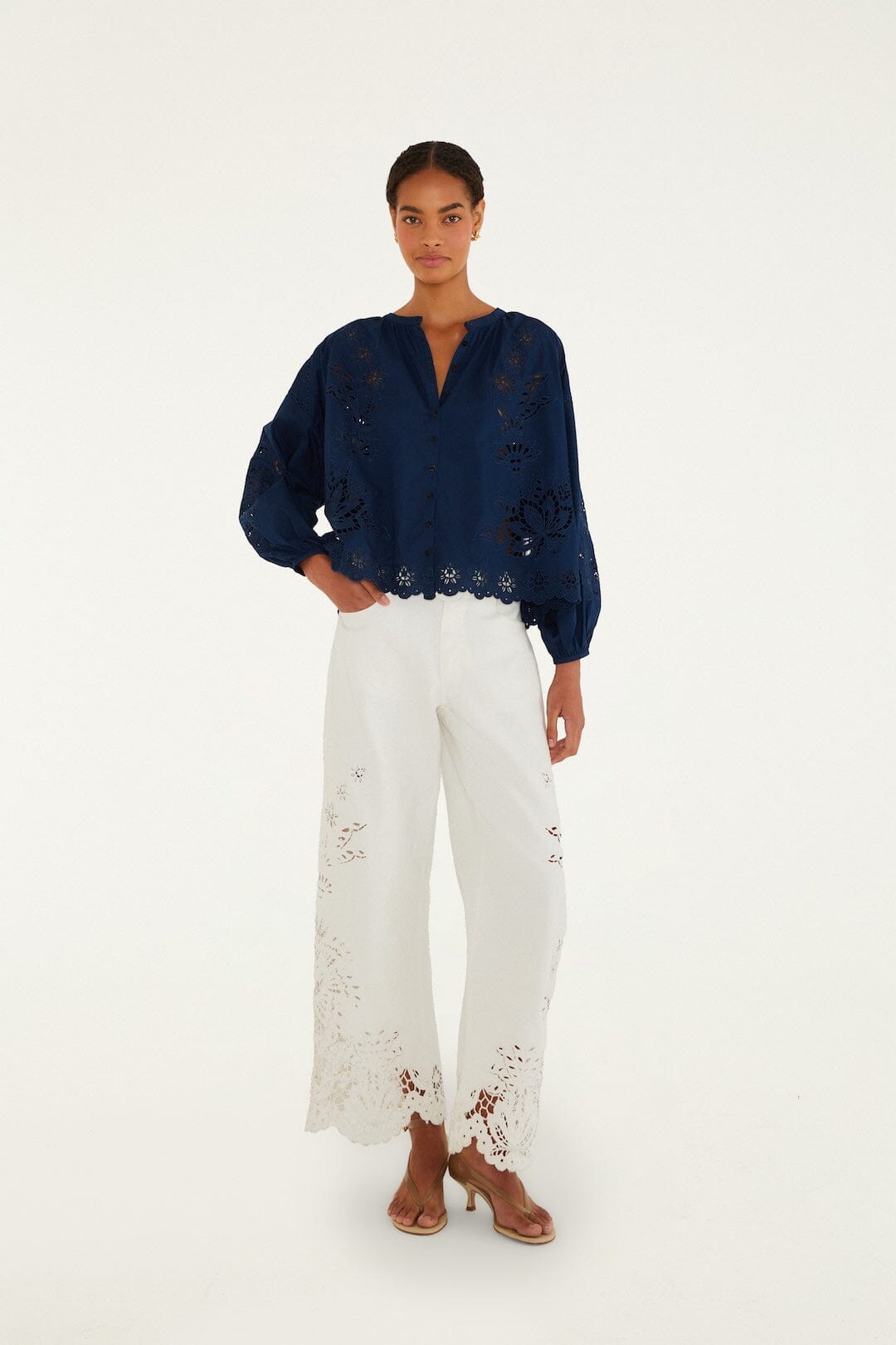 Navy Blue Artisanal Long Sleeve Blouse