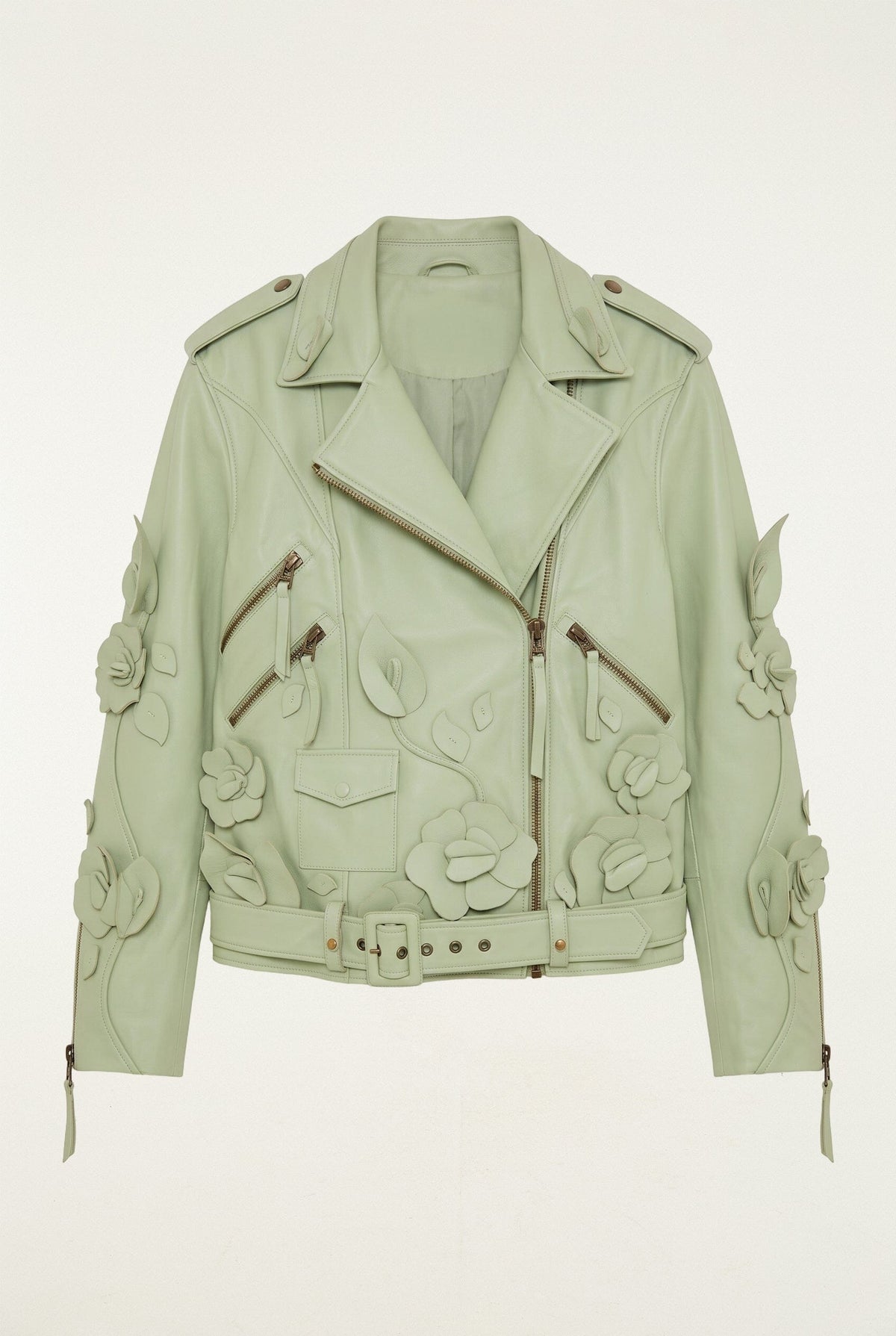 3d Flowers Belted Biker Leather Jacket