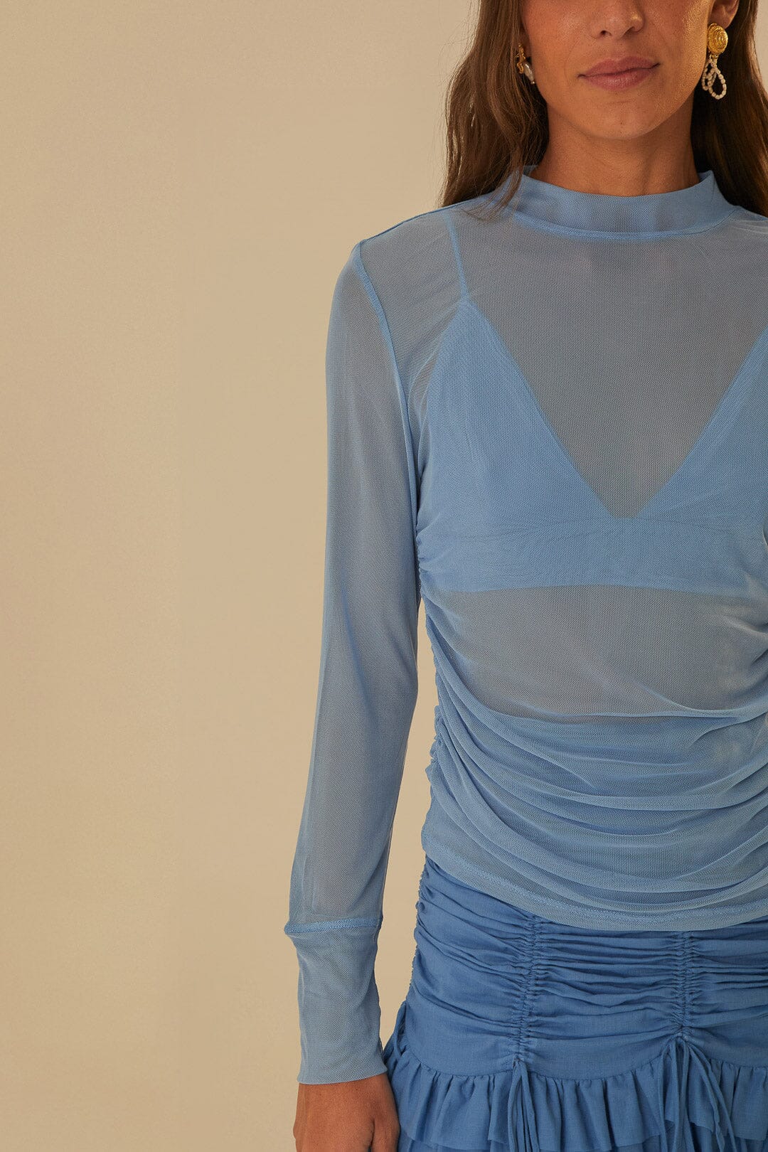 Blue Tulle Long Sleeved Blouse