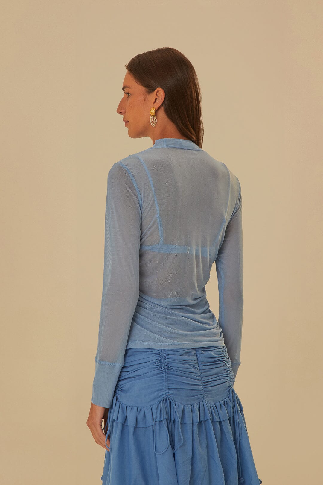 Blue Tulle Long Sleeved Blouse