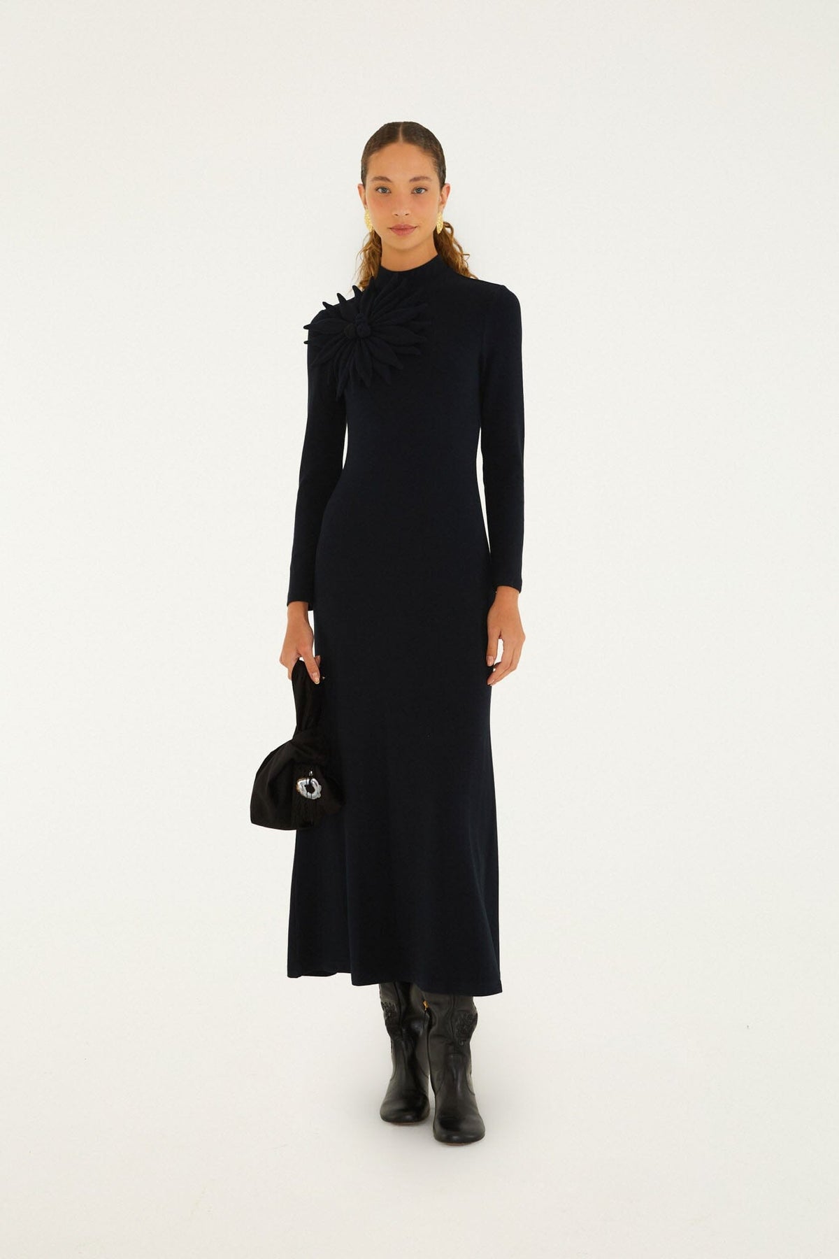 FARM Rio model wearing the 3d Flower Long Sleeve Maxi Dress