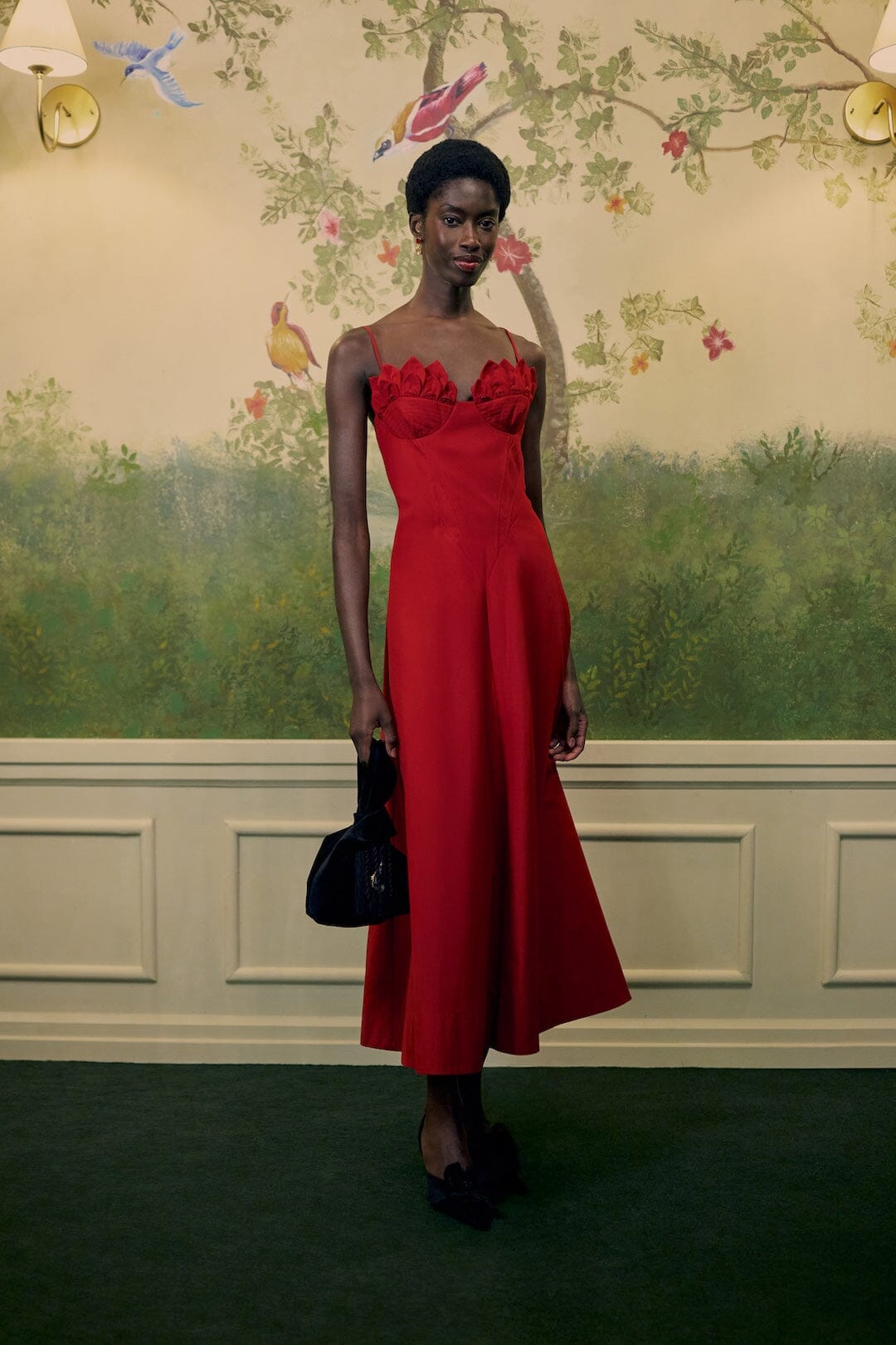 FARM Rio model wearing the 3d Flower Sleeveless Midi Dress