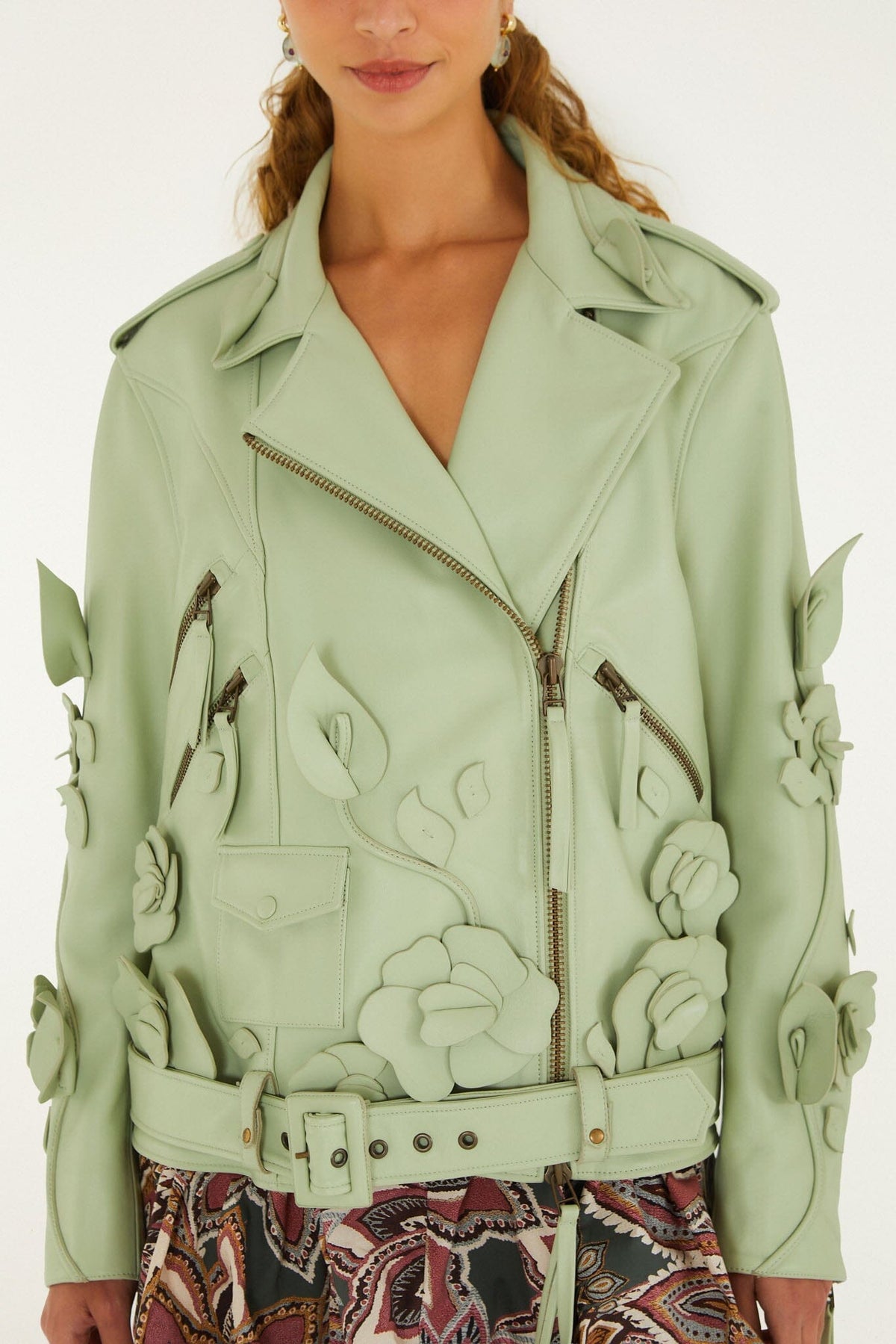 3d Flowers Belted Biker Leather Jacket