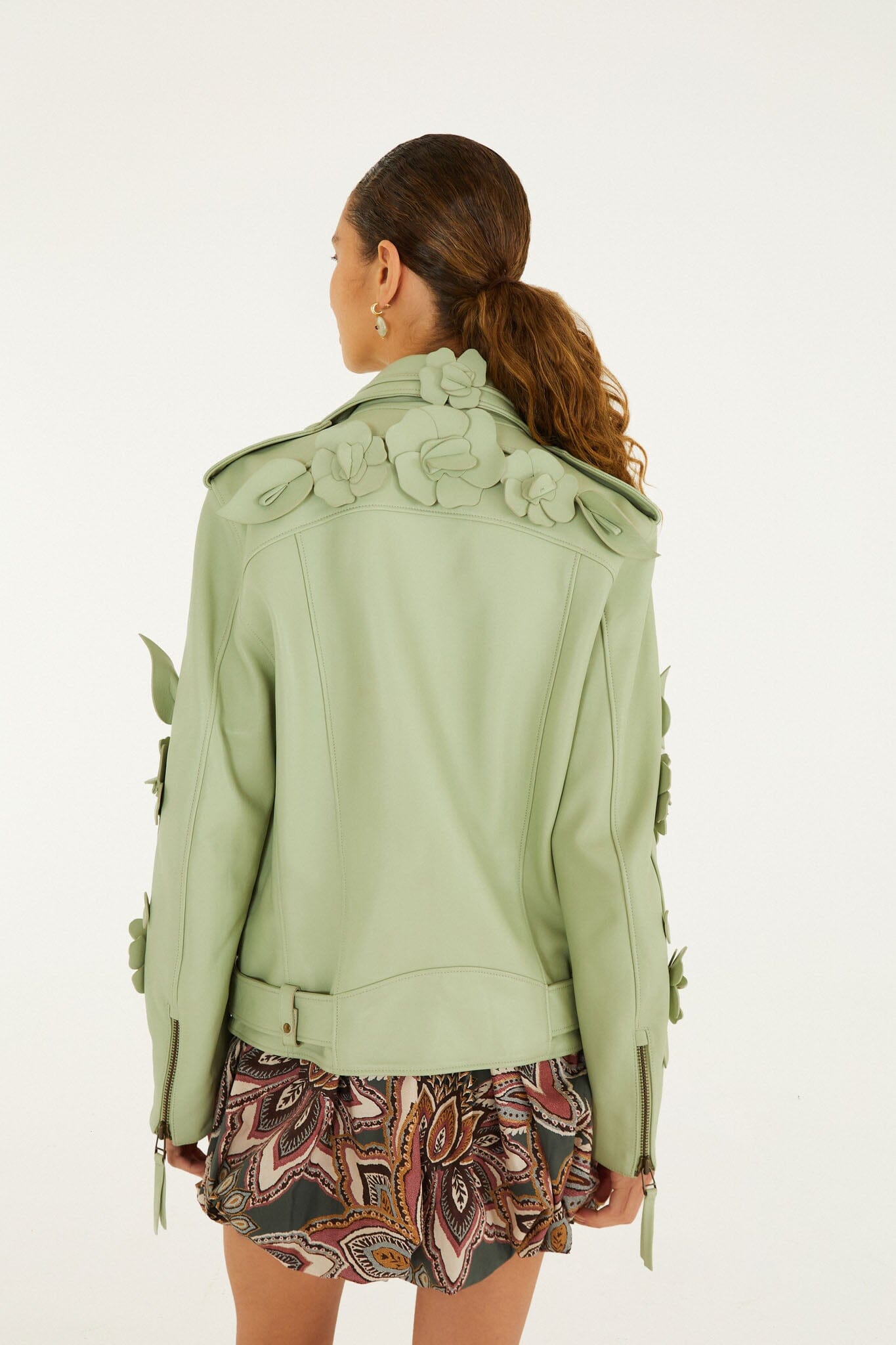 FARM Rio model wearing the 3d Flowers Belted Biker Leather Jacket