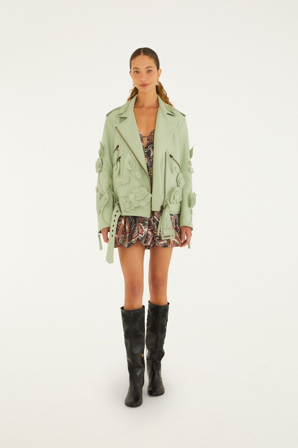 3d Flowers Belted Biker Leather Jacket