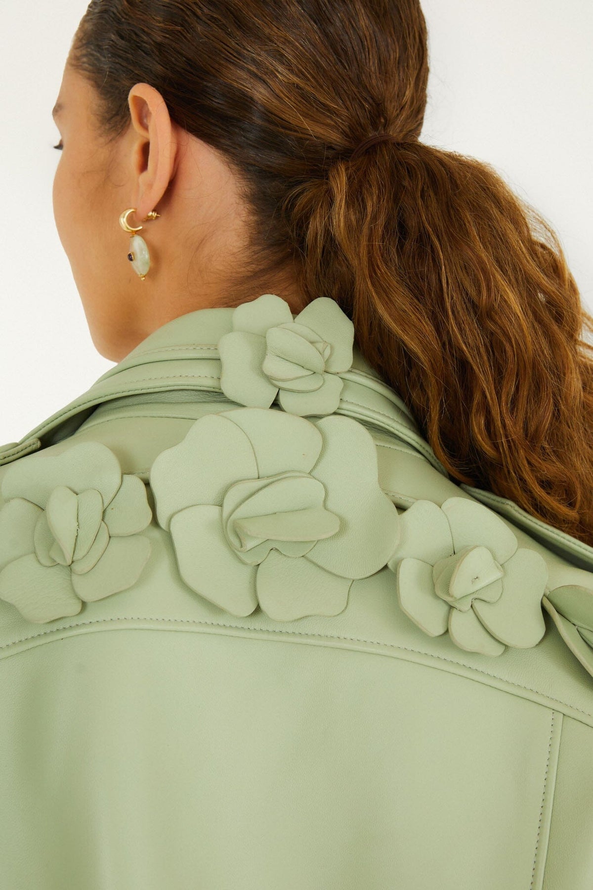 3d Flowers Belted Biker Leather Jacket