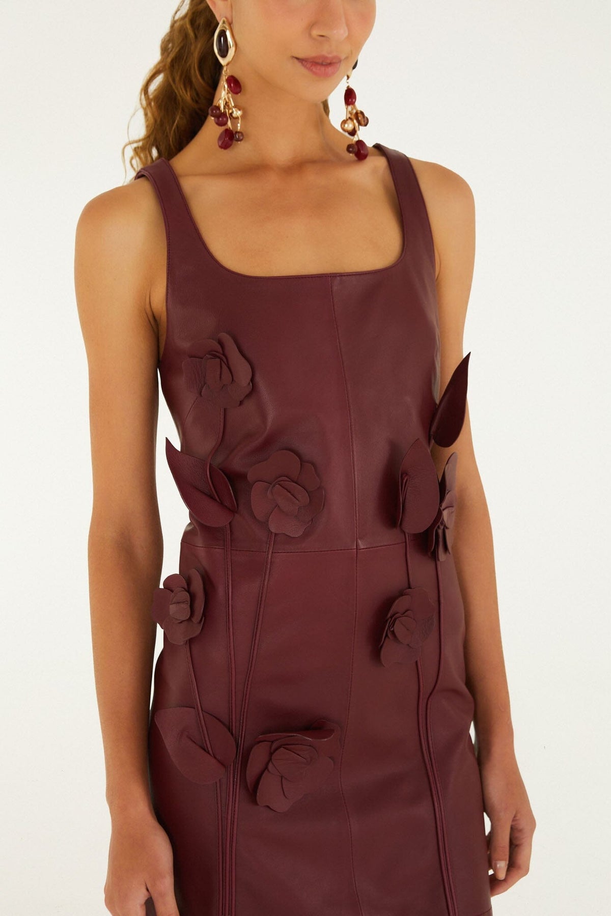 3d Flowers Sleeveless Leather Mini Dress