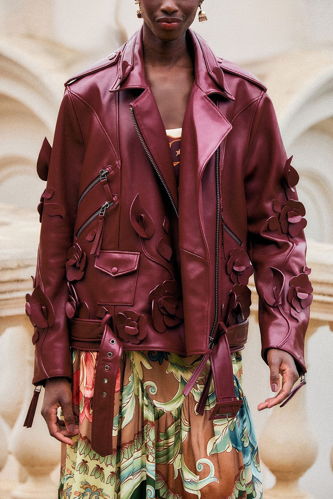 3d Flowers Zippers Biker Leather Jacket