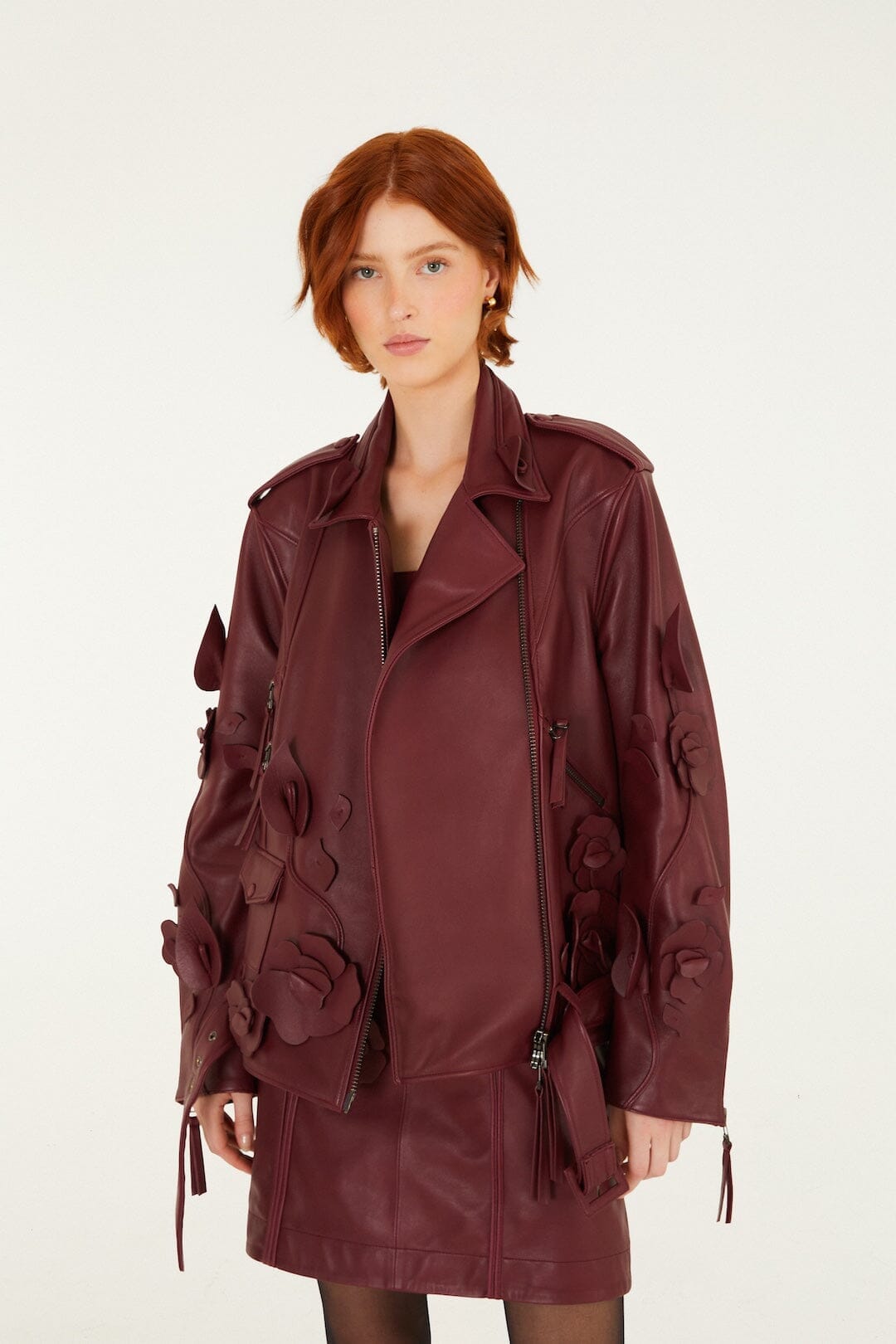 3d Flowers Zippers Biker Leather Jacket