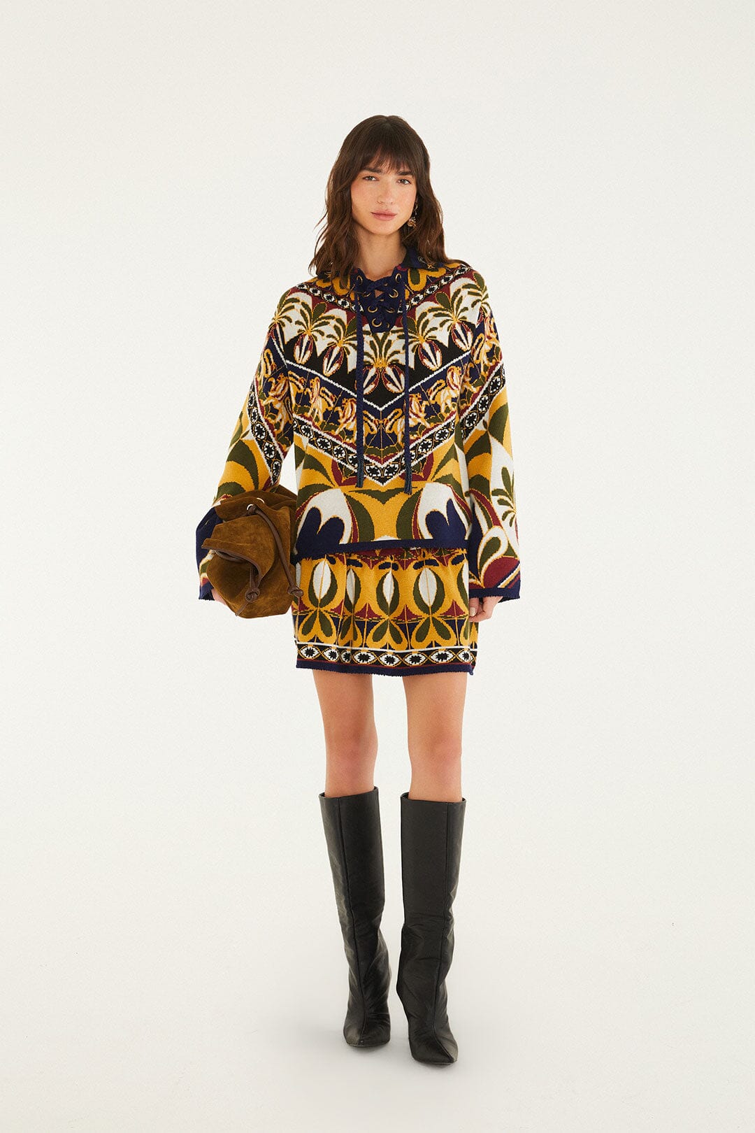FARM Rio model wearing the Ainika Pietra Dura Knit Sweater