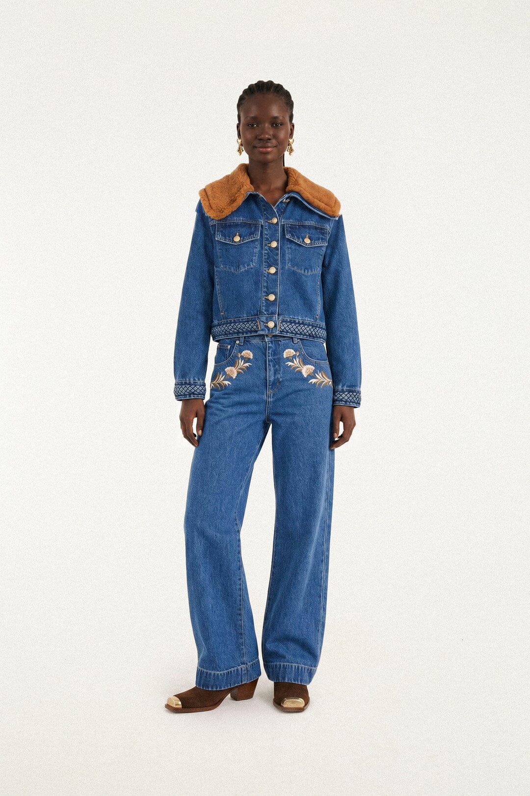 FARM Rio model wearing the Arabesque Love Denim Pants
