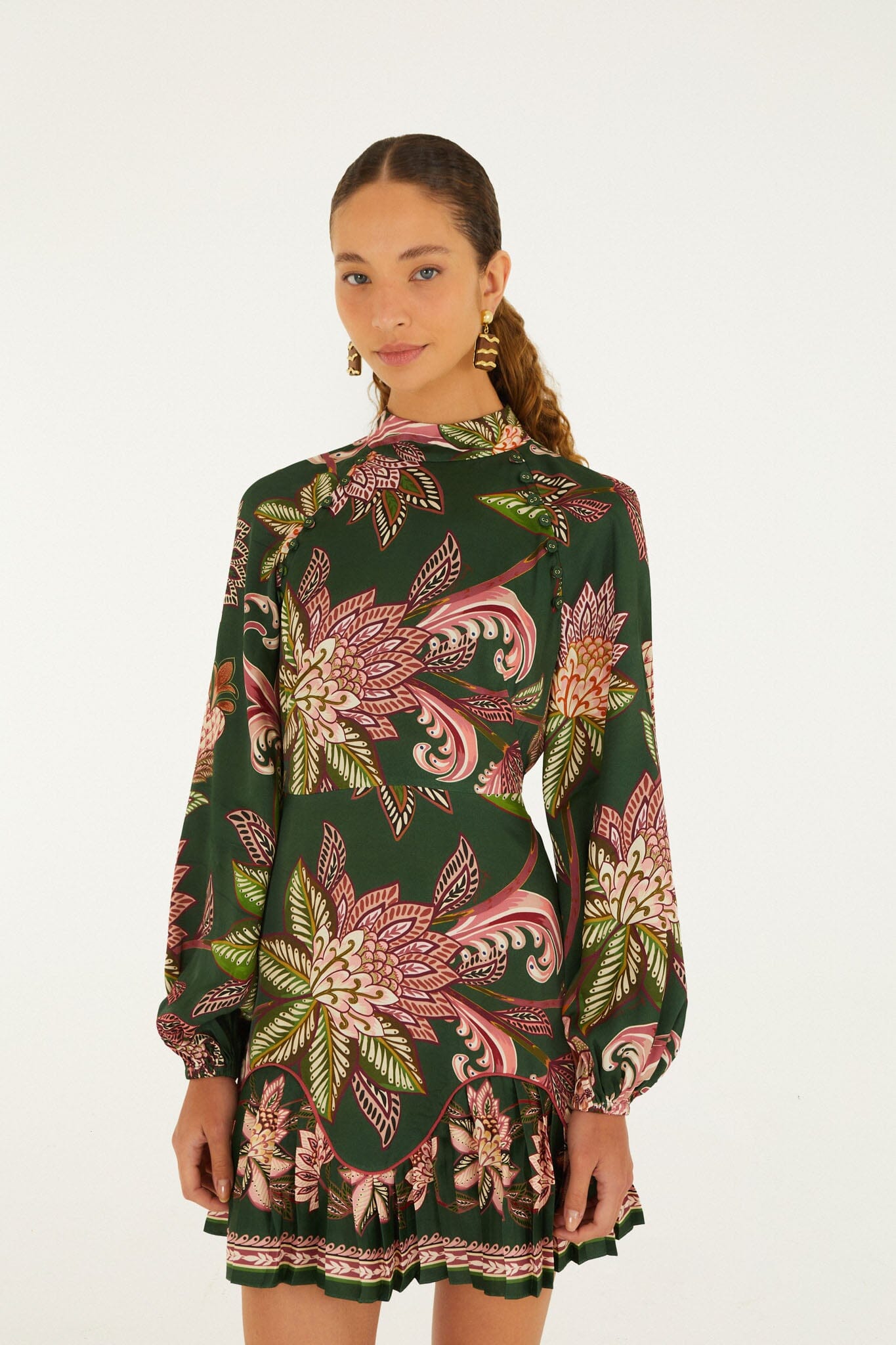 FARM Rio model wearing the Arabesque Paradise Floral Mini Dress