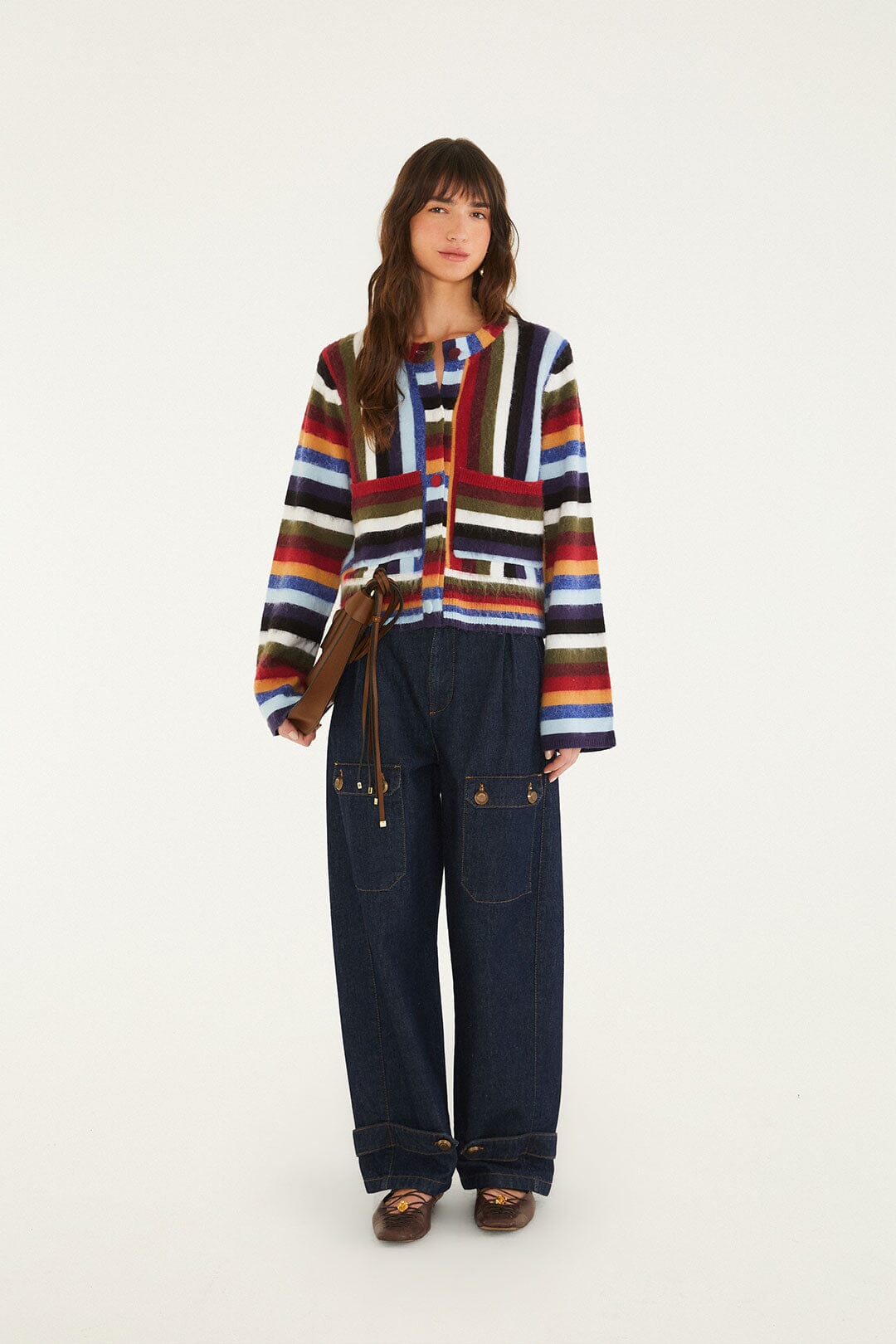 FARM Rio model wearing the Artsy Stripes Knit Cardigan
