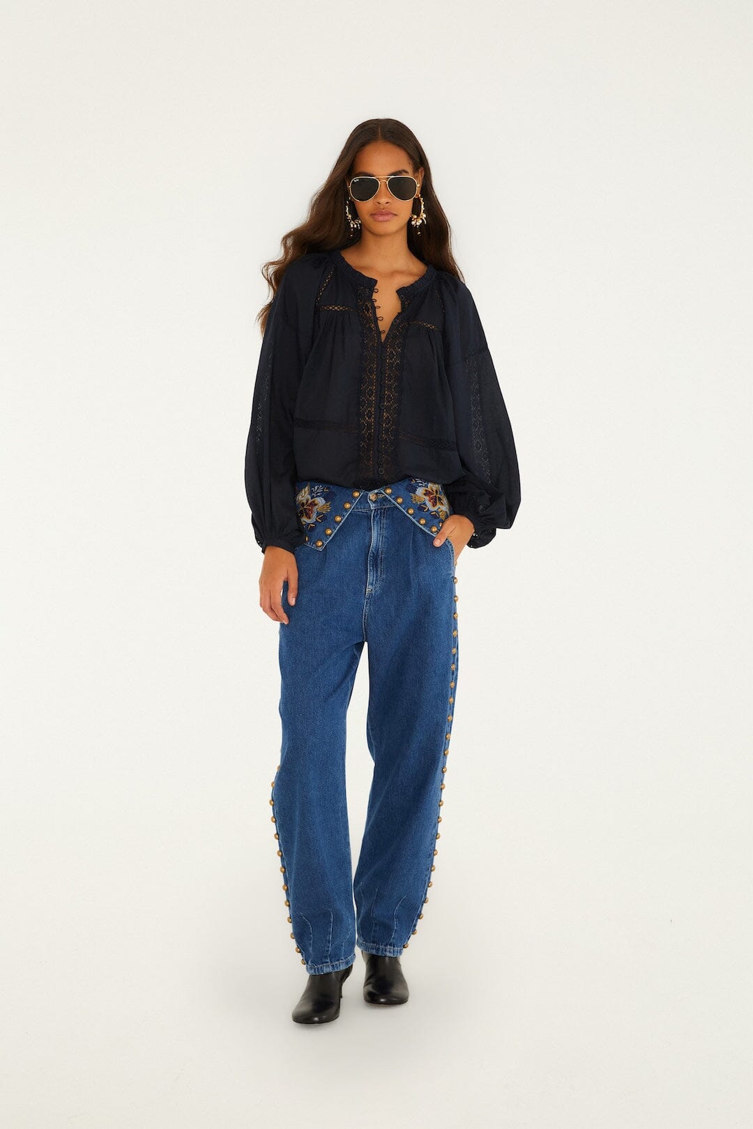FARM Rio model wearing the Balloon Gold And Blue Denim Pants