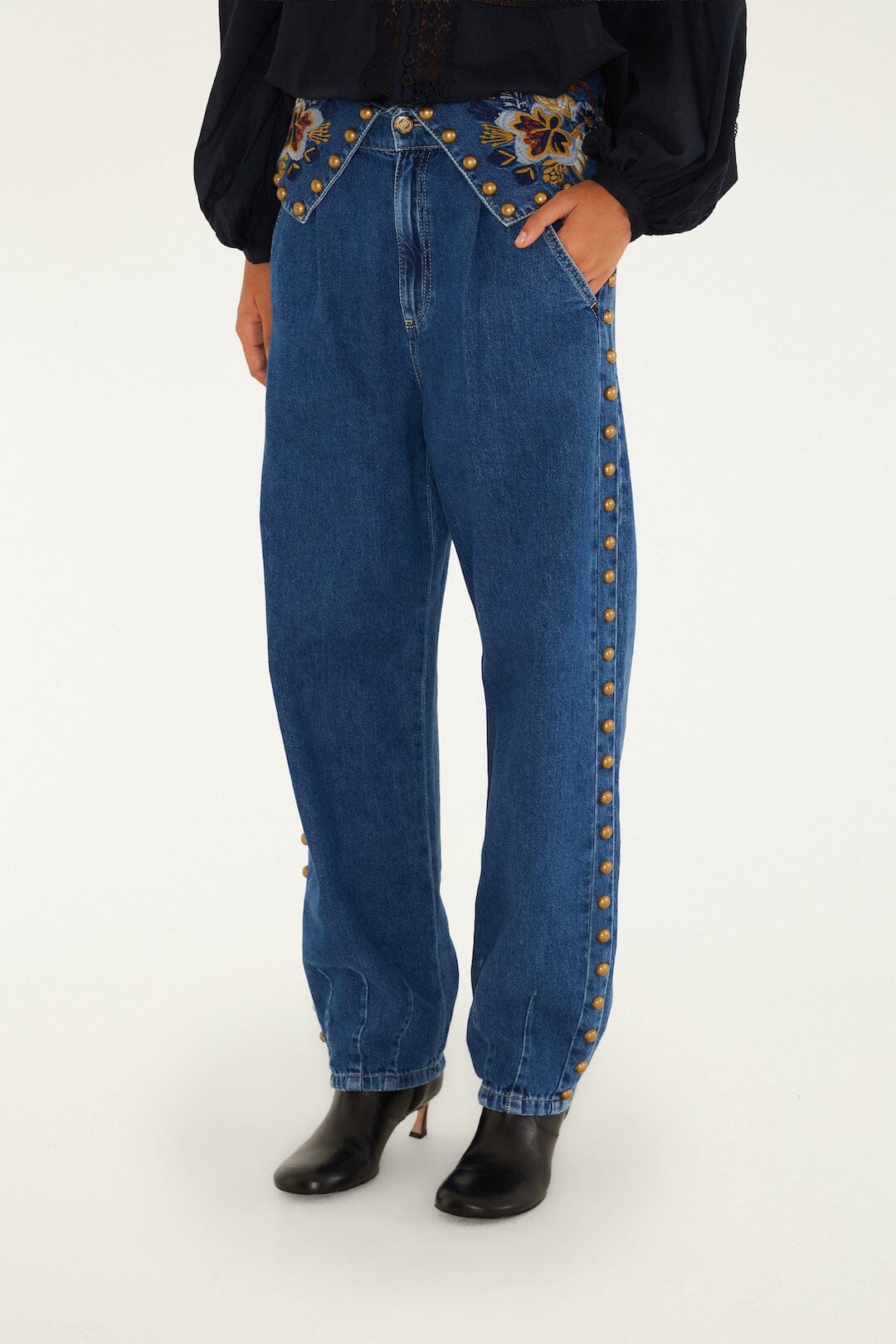 FARM Rio model wearing the Balloon Gold And Blue Denim Pants