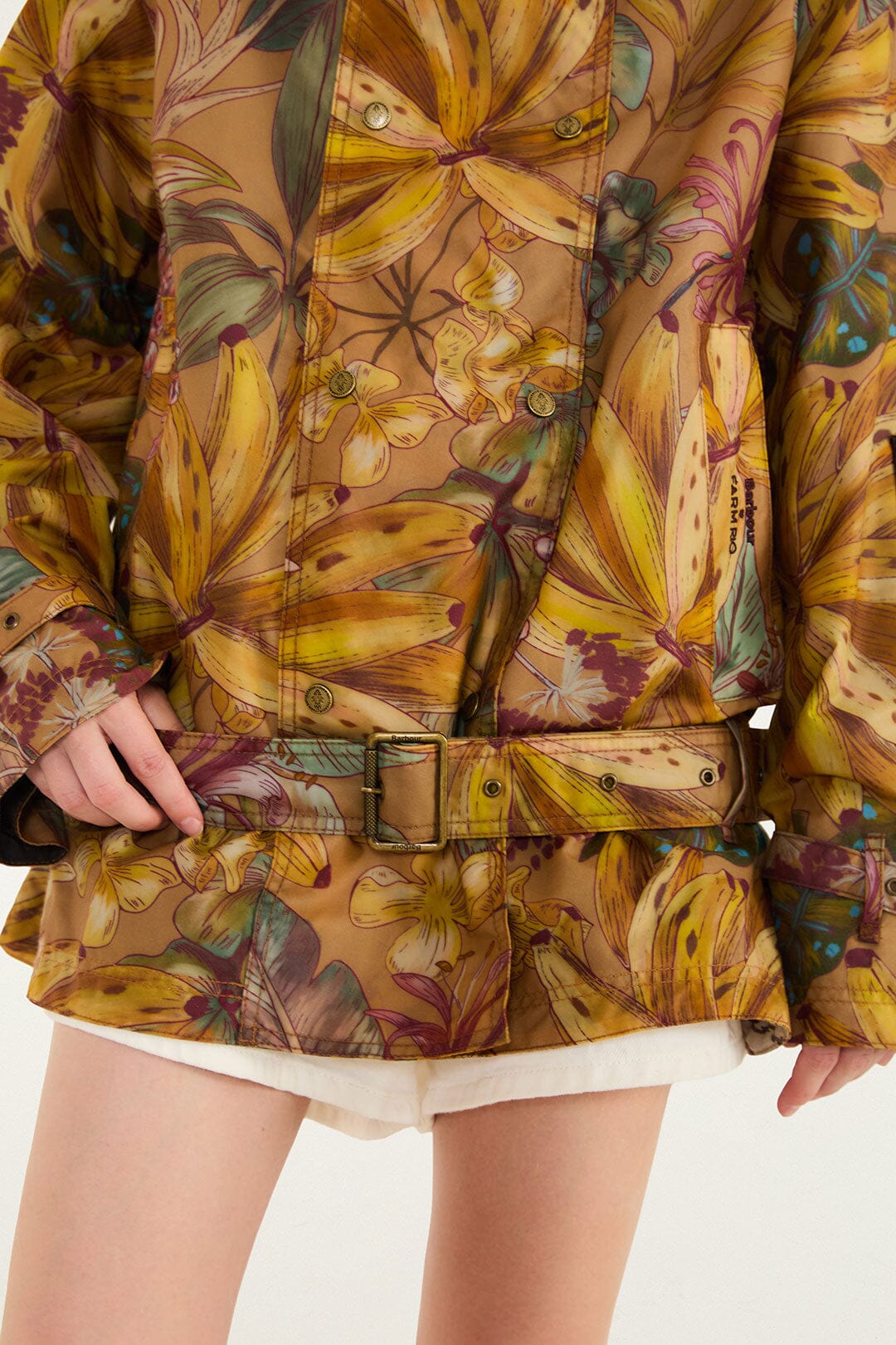 FARM Rio model wearing the Banana Groove High Neck Wax Coat