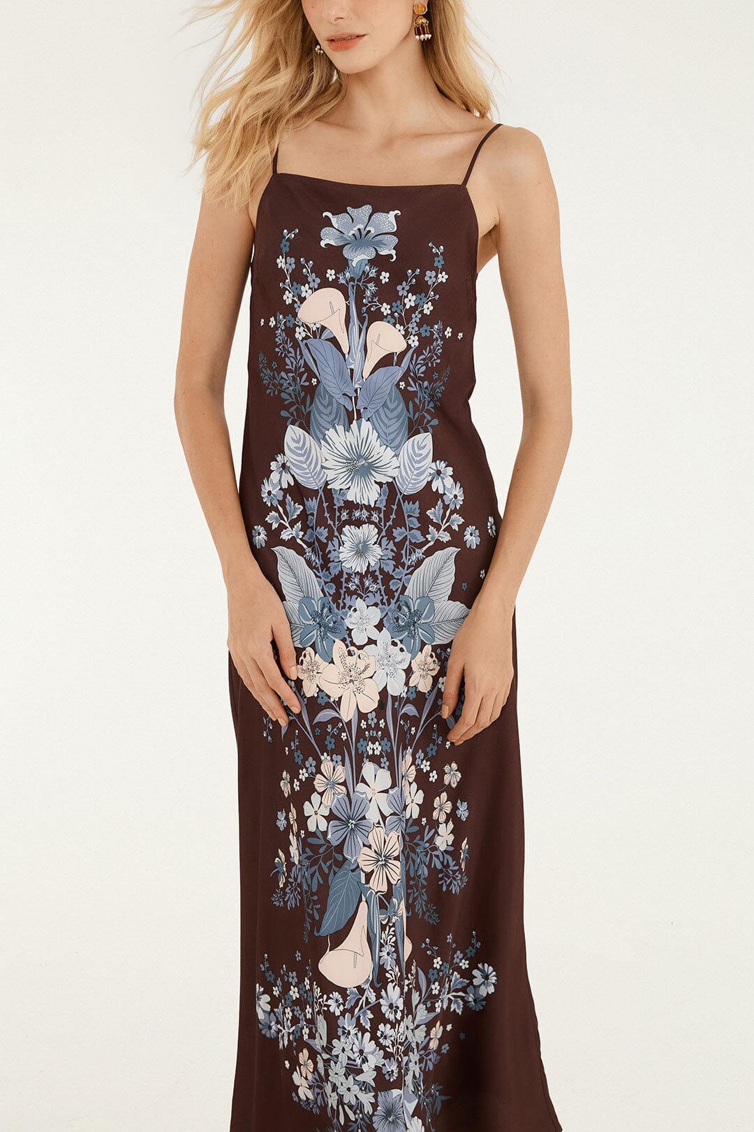 FARM Rio model wearing the Beauty Bouquet Slip Maxi Dress