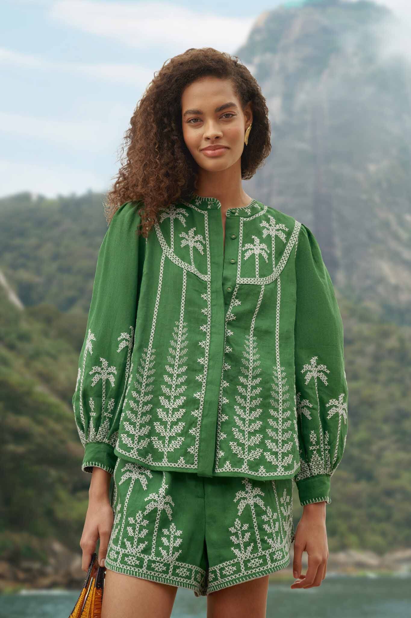 FARM Rio model wearing the Bicolor Cross Stich Embroidery Blouse Long Sleeve