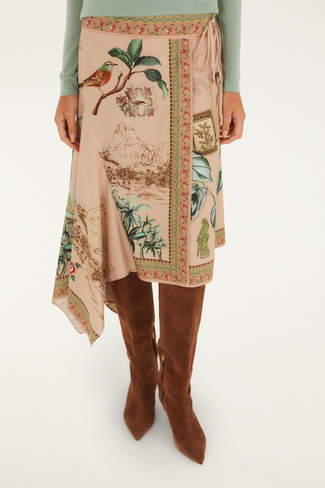 FARM Rio model wearing the Bird Poetry Midi Skirt