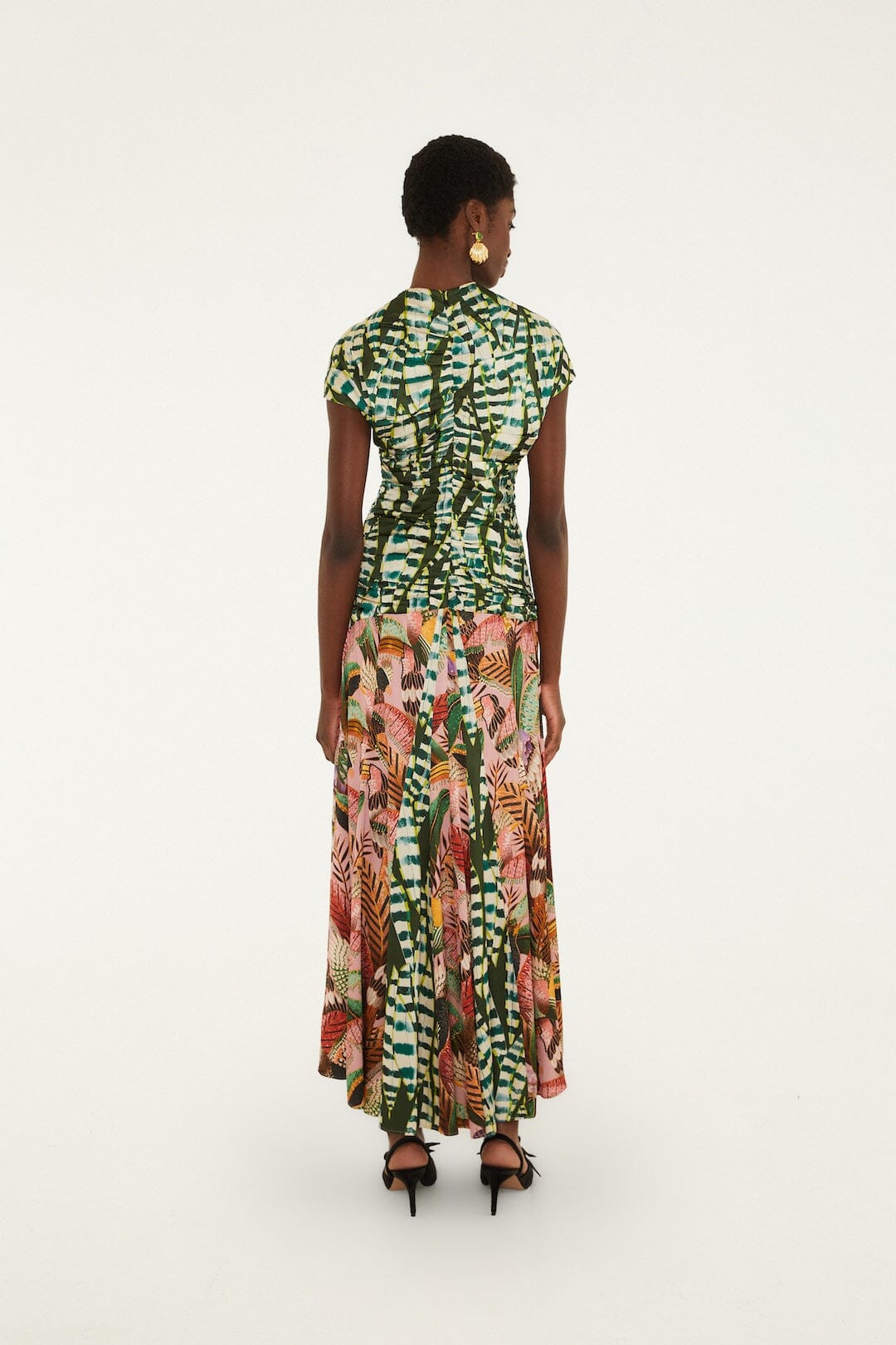 FARM Rio model wearing the Birds And Striped Leaves Embroidered Maxi Dress