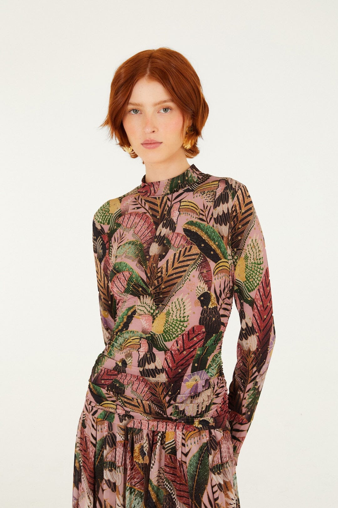 FARM Rio model wearing the Birds Blush Jersey Blouse