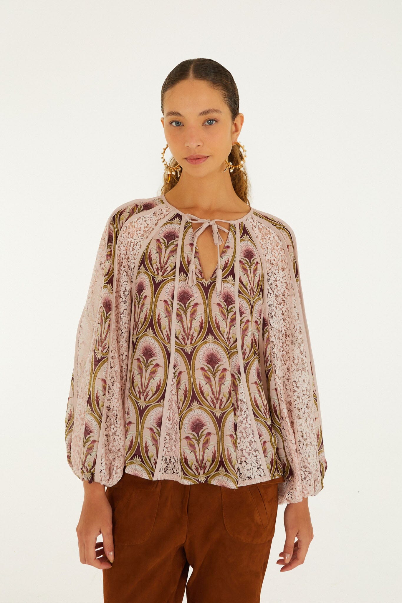 FARM Rio model wearing the Birds Tree Garden Medal Long Sleeve Blouse
