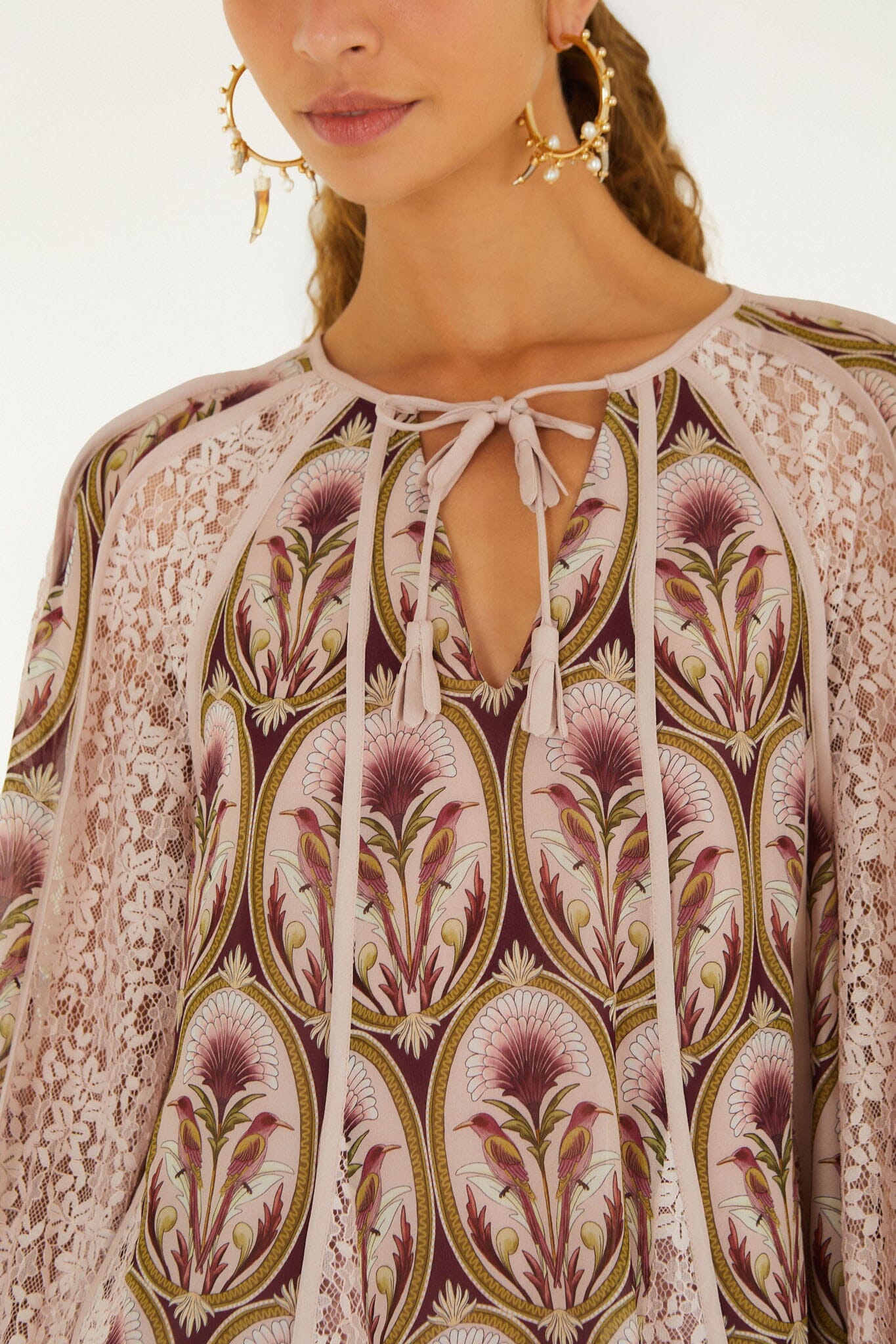 FARM Rio model wearing the Birds Tree Garden Medal Long Sleeve Blouse