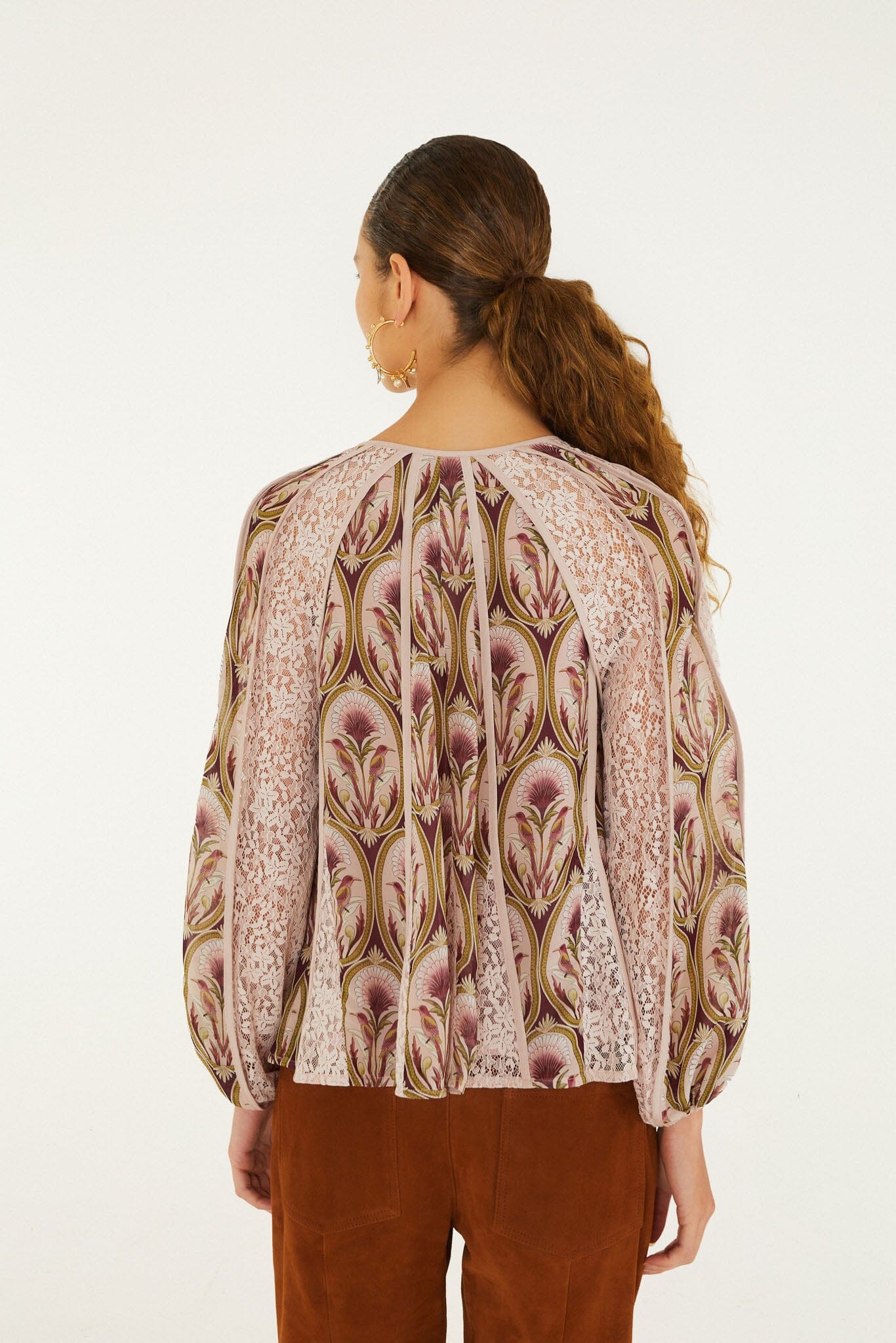 FARM Rio model wearing the Birds Tree Garden Medal Long Sleeve Blouse