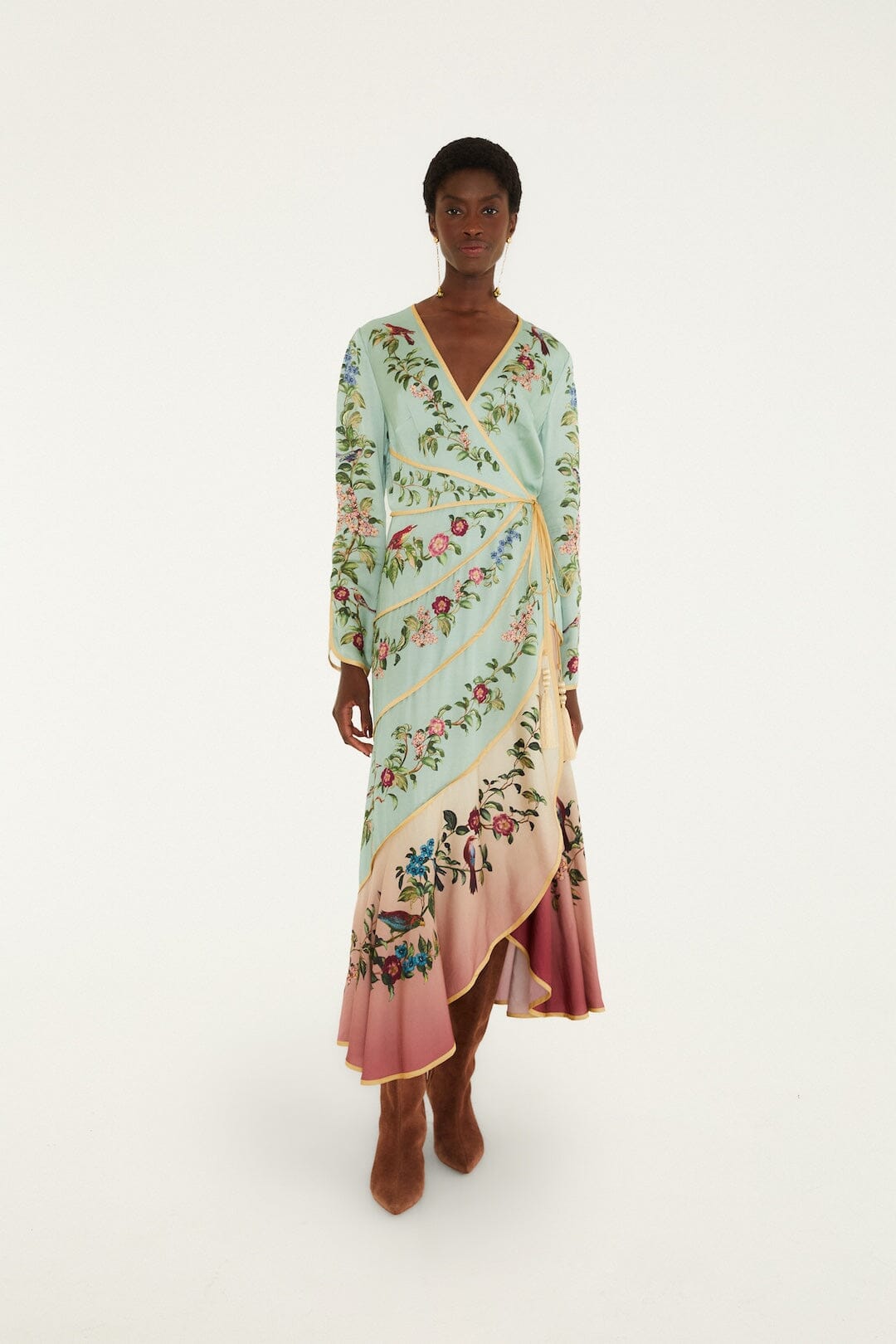 FARM Rio model wearing the Birds Tree Maxi Long Sleeve Dress
