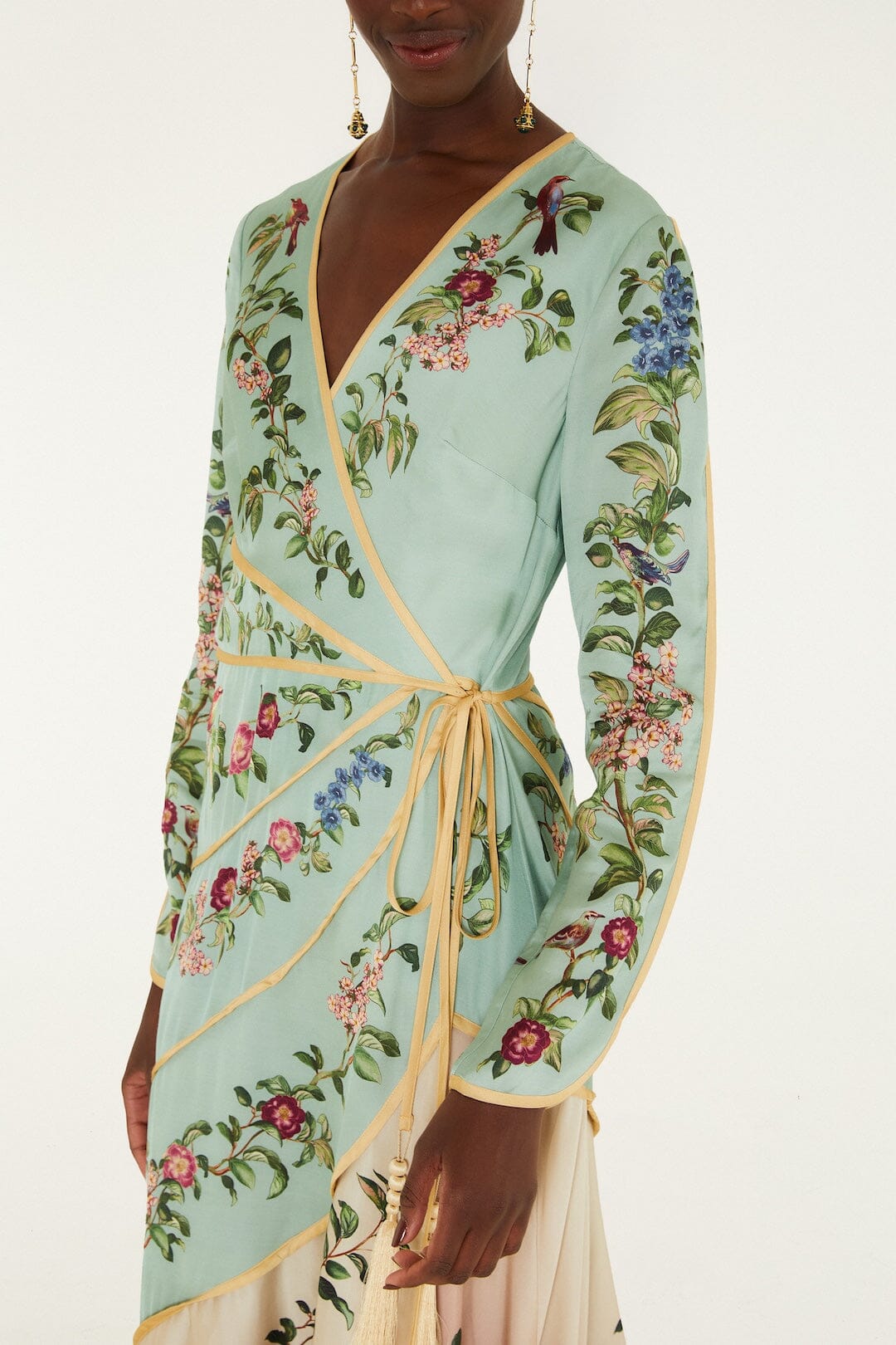 FARM Rio model wearing the Birds Tree Maxi Long Sleeve Dress