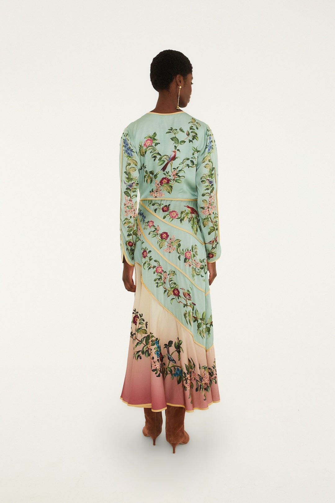 FARM Rio model wearing the Birds Tree Maxi Long Sleeve Dress