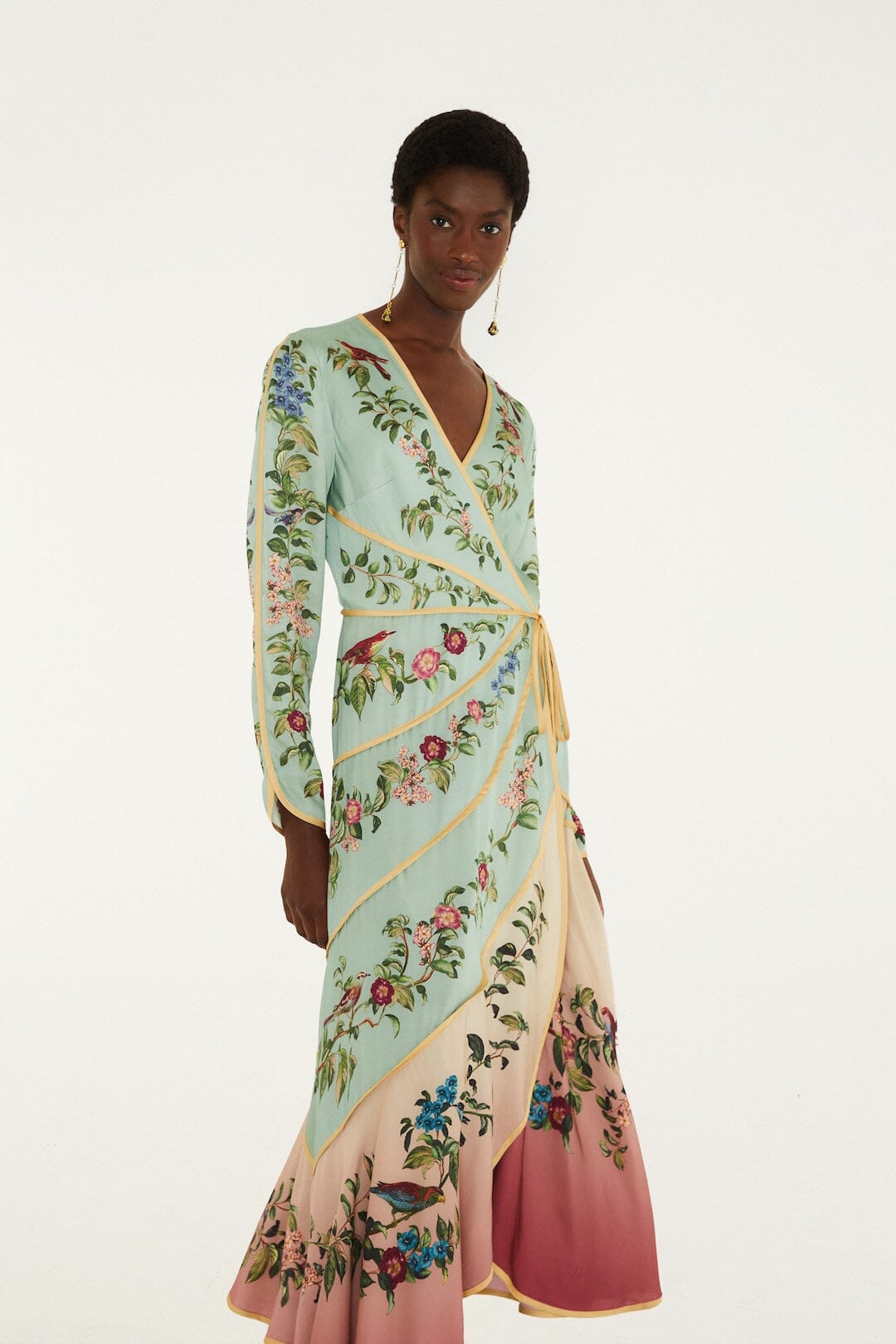 FARM Rio model wearing the Birds Tree Maxi Long Sleeve Dress