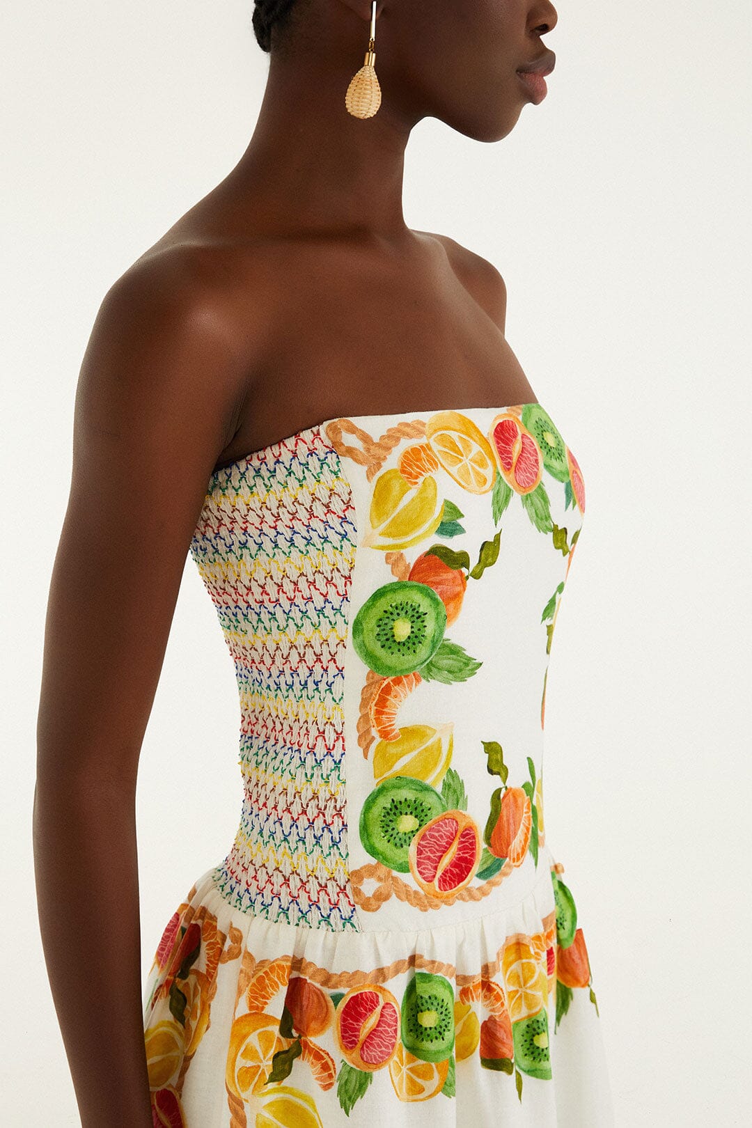 FARM Rio model wearing the Biricutico Scarf Off-White Strapless Maxi Dress