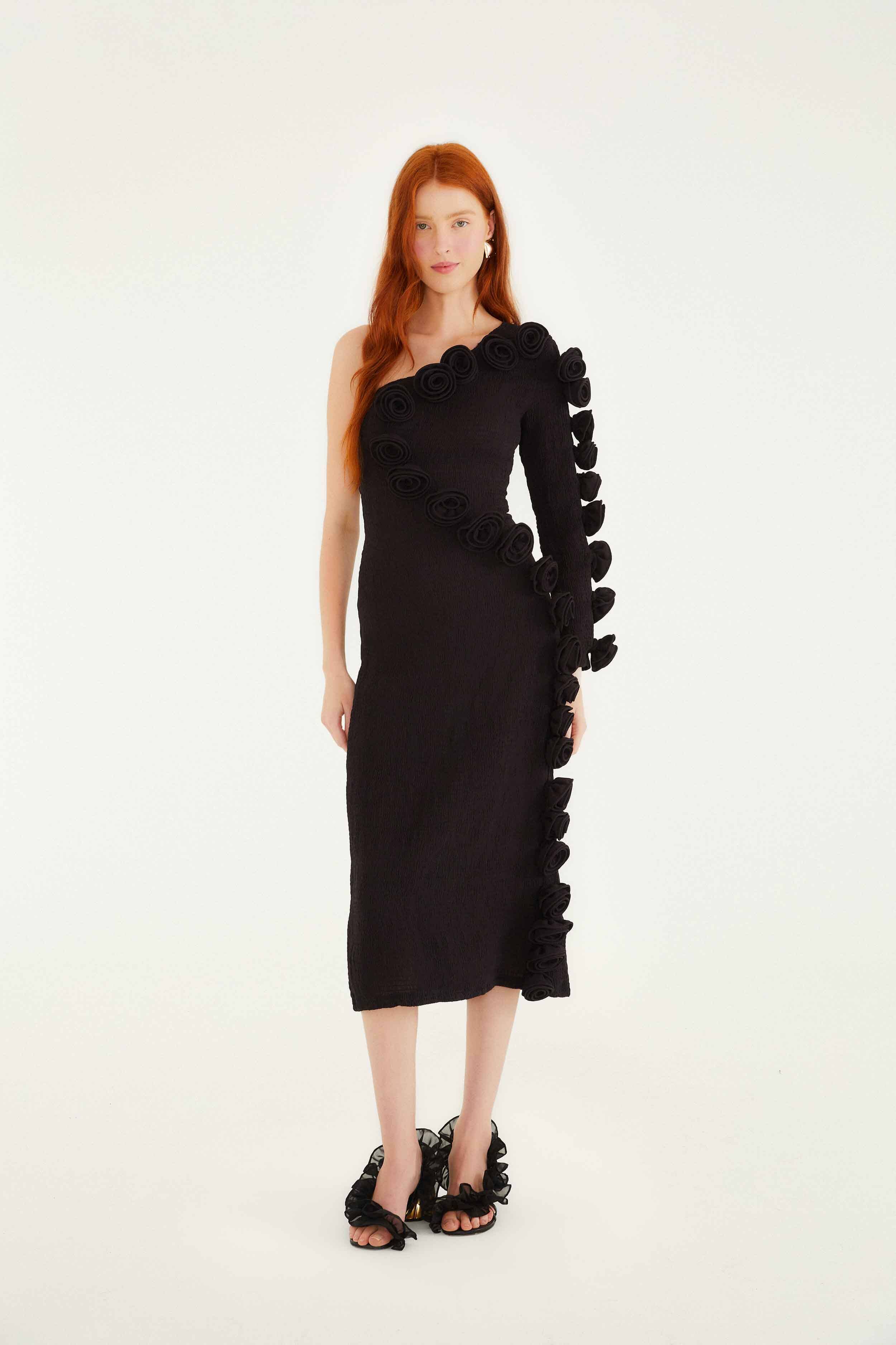 Black 3d Rose One-Shoulder Midi Dress | FARM Rio