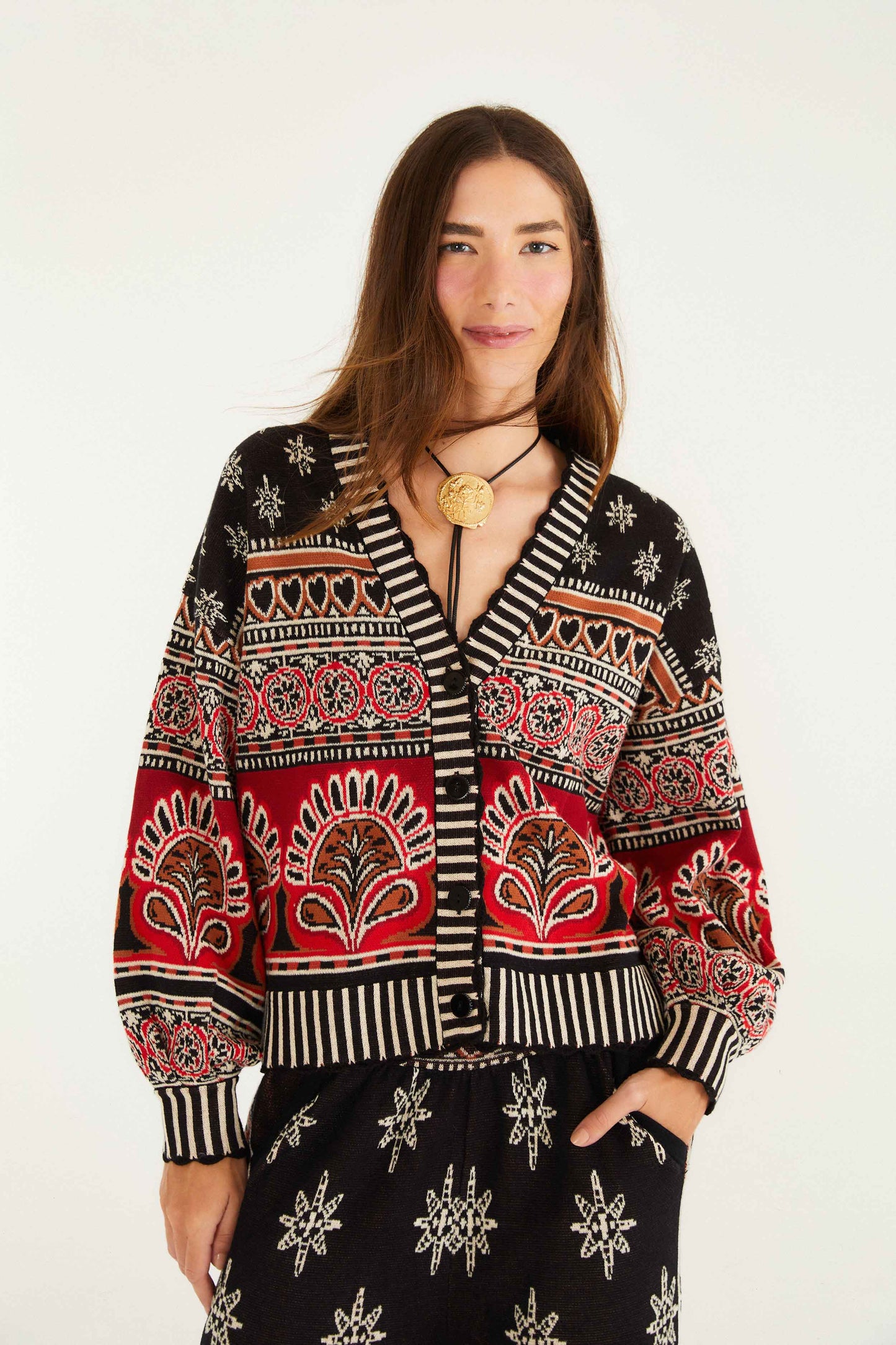 FARM Rio model wearing the Black Ainika Love Coconut Groove Knit Cardigan