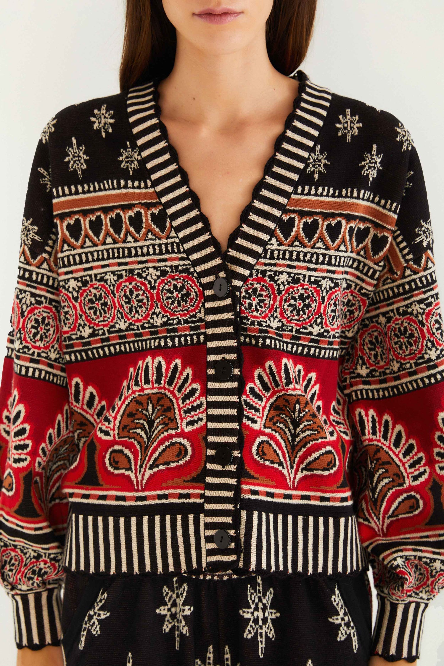 FARM Rio model wearing the Black Ainika Love Coconut Groove Knit Cardigan