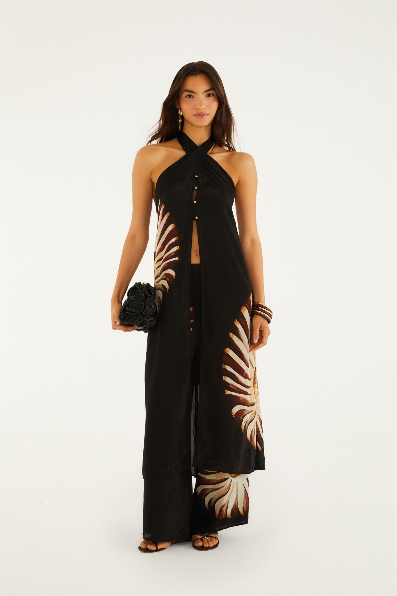 FARM Rio model wearing the Black Ammonite Beaded Elastic Waist Pants