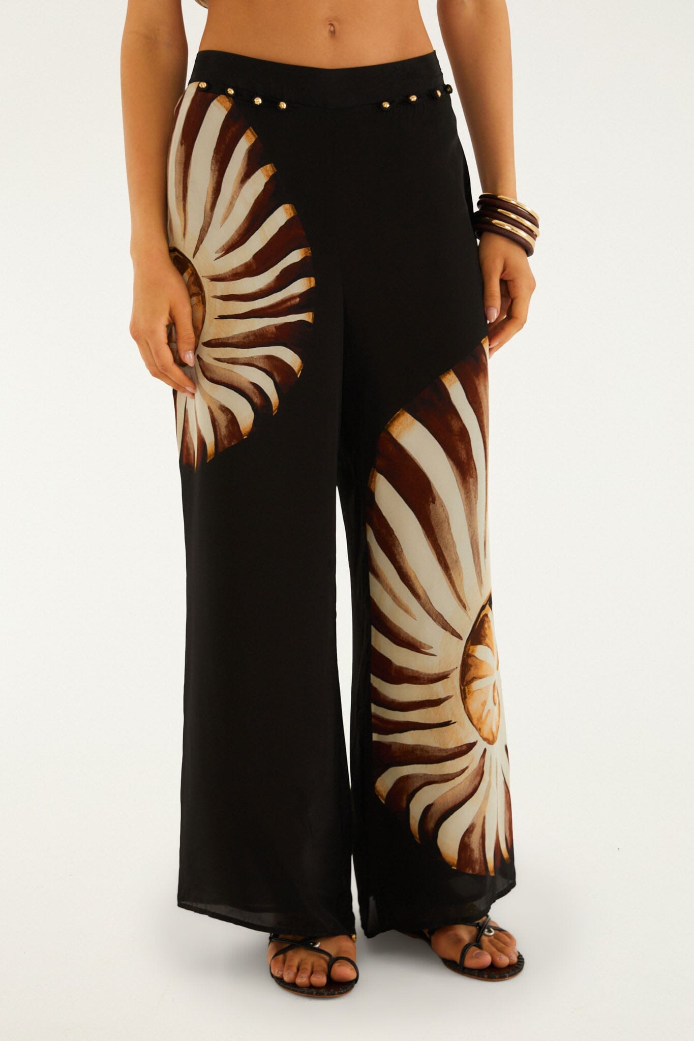 FARM Rio model wearing the Black Ammonite Beaded Elastic Waist Pants