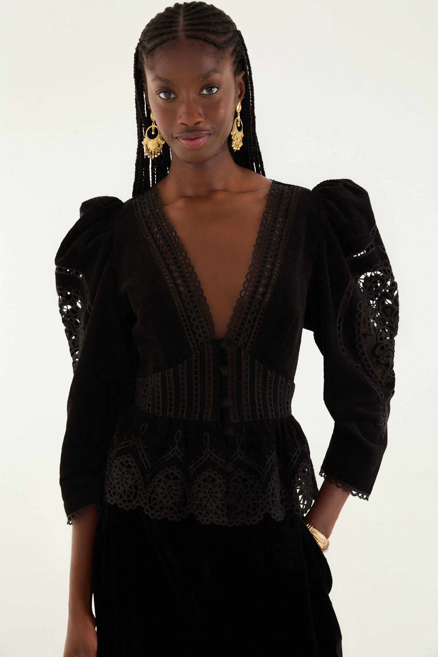 FARM Rio model wearing the Black Artichoke Heart Richelieu Blouse