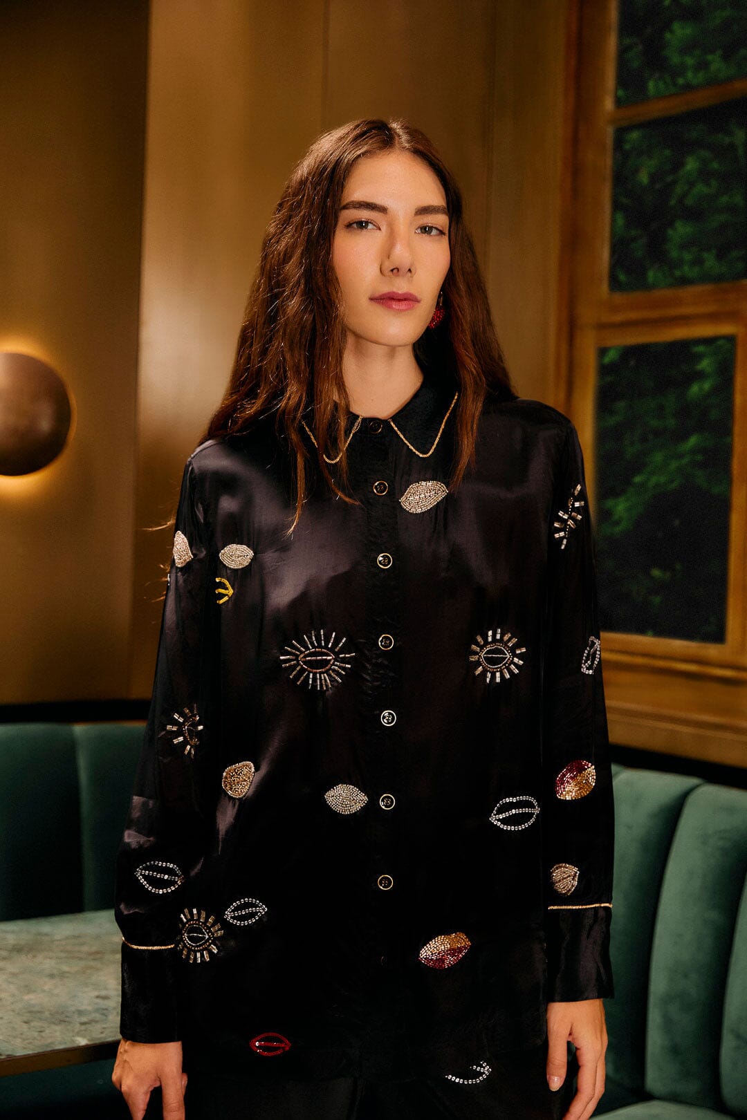 FARM Rio model wearing the Black Beaded Kisses Buttoned Pajama Shirt