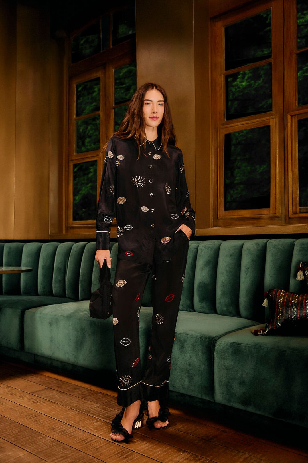 FARM Rio model wearing the Black Beaded Kisses Side Pockets Pajama Pants