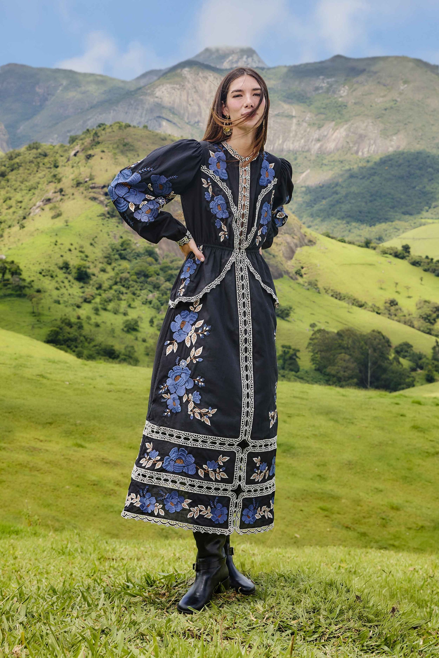 Black Bold Flowers Long Sleeve Midi Dress