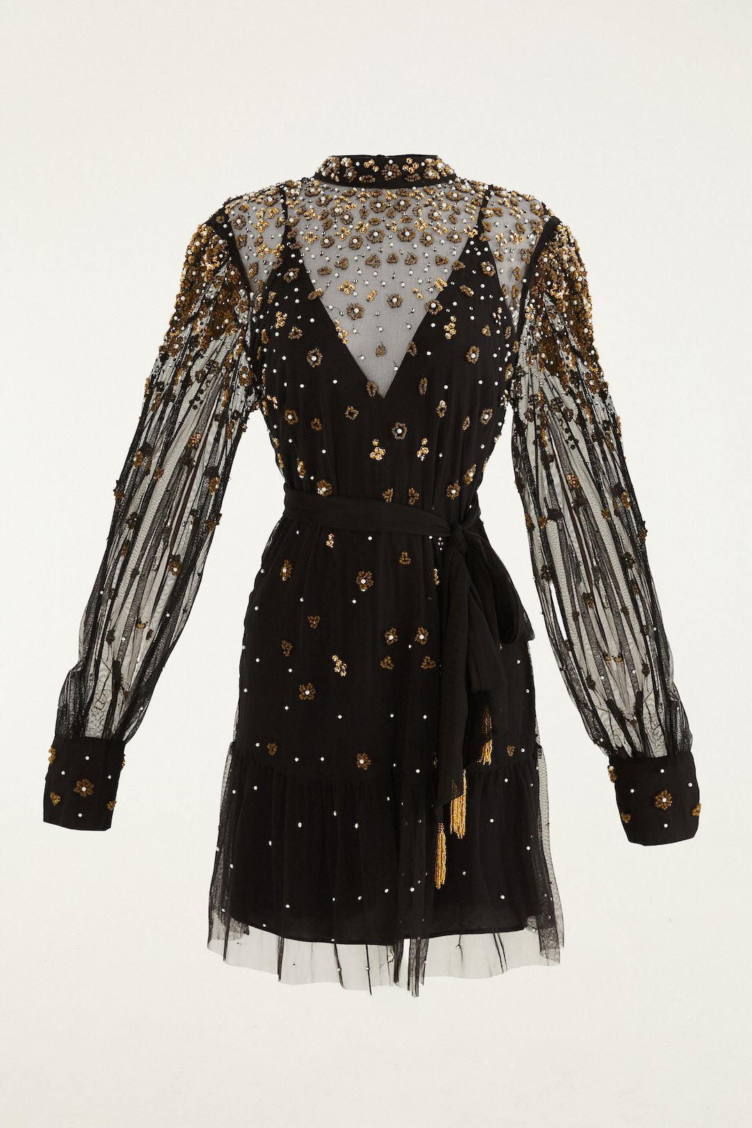 Black Embroidered Tulle Belted Long Sleeve Mini Dress