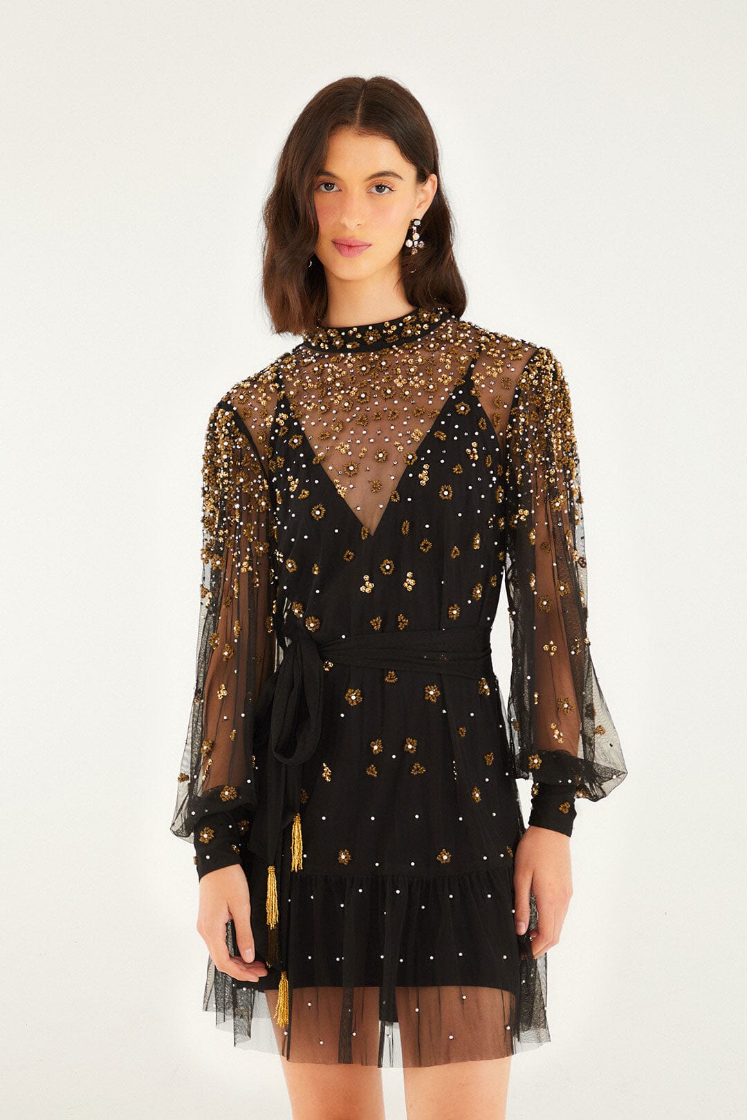 FARM Rio model wearing the Black Embroidered Tulle Belted Long Sleeve Mini Dress