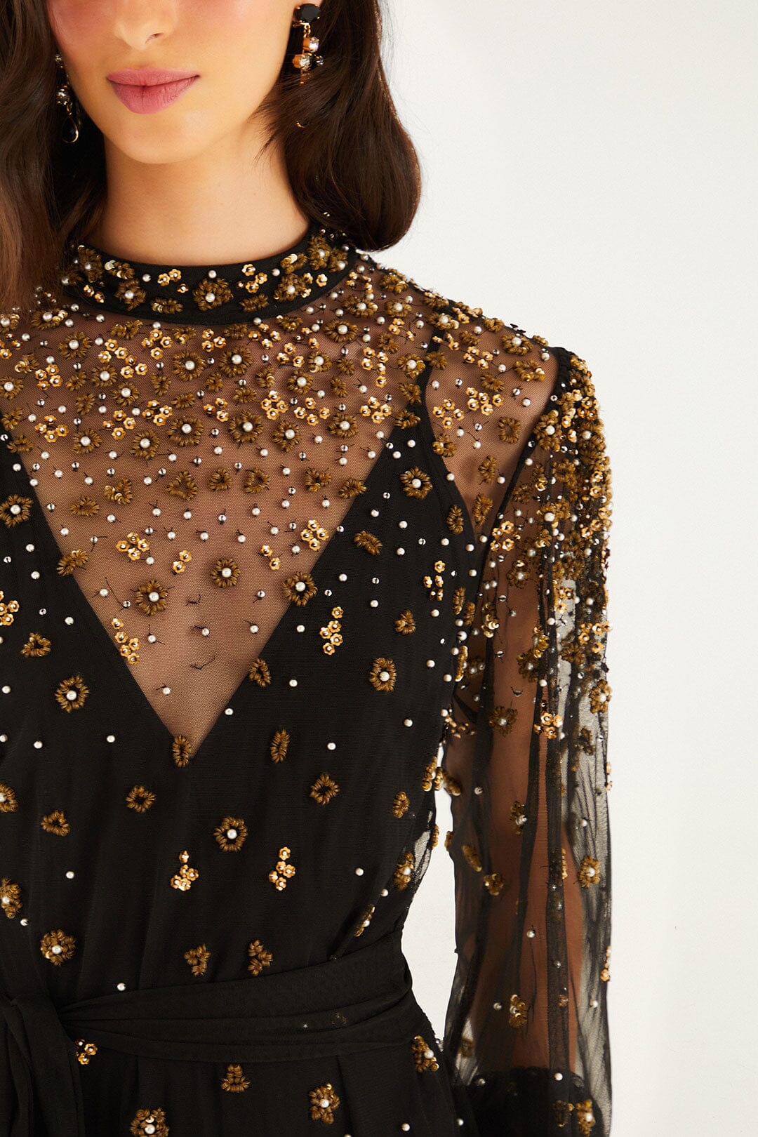 FARM Rio model wearing the Black Embroidered Tulle Belted Long Sleeve Mini Dress